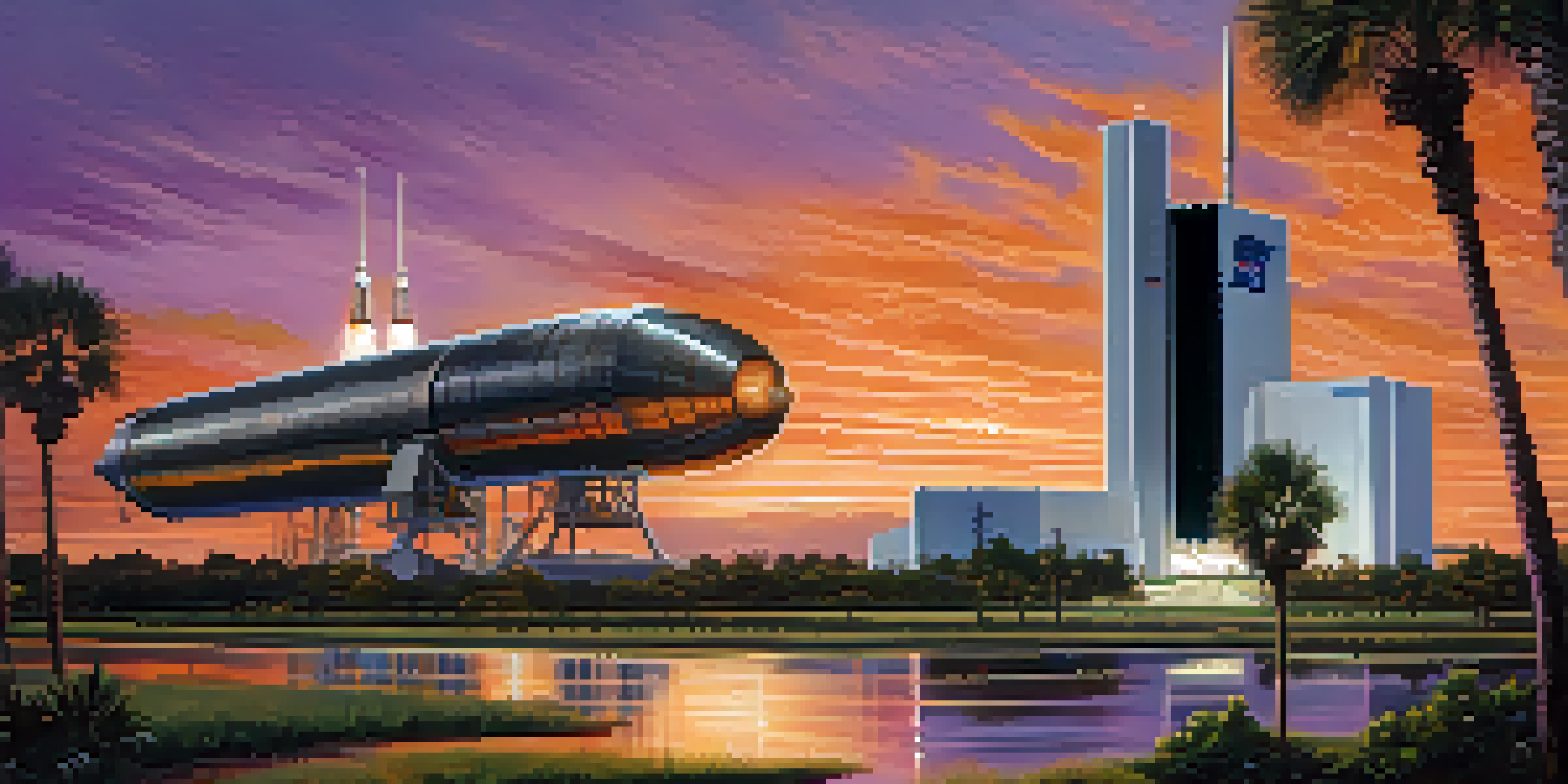 A sunset view of the Kennedy Space Center launch pad with the Vehicle Assembly Building in the background, featuring vibrant orange and purple skies.