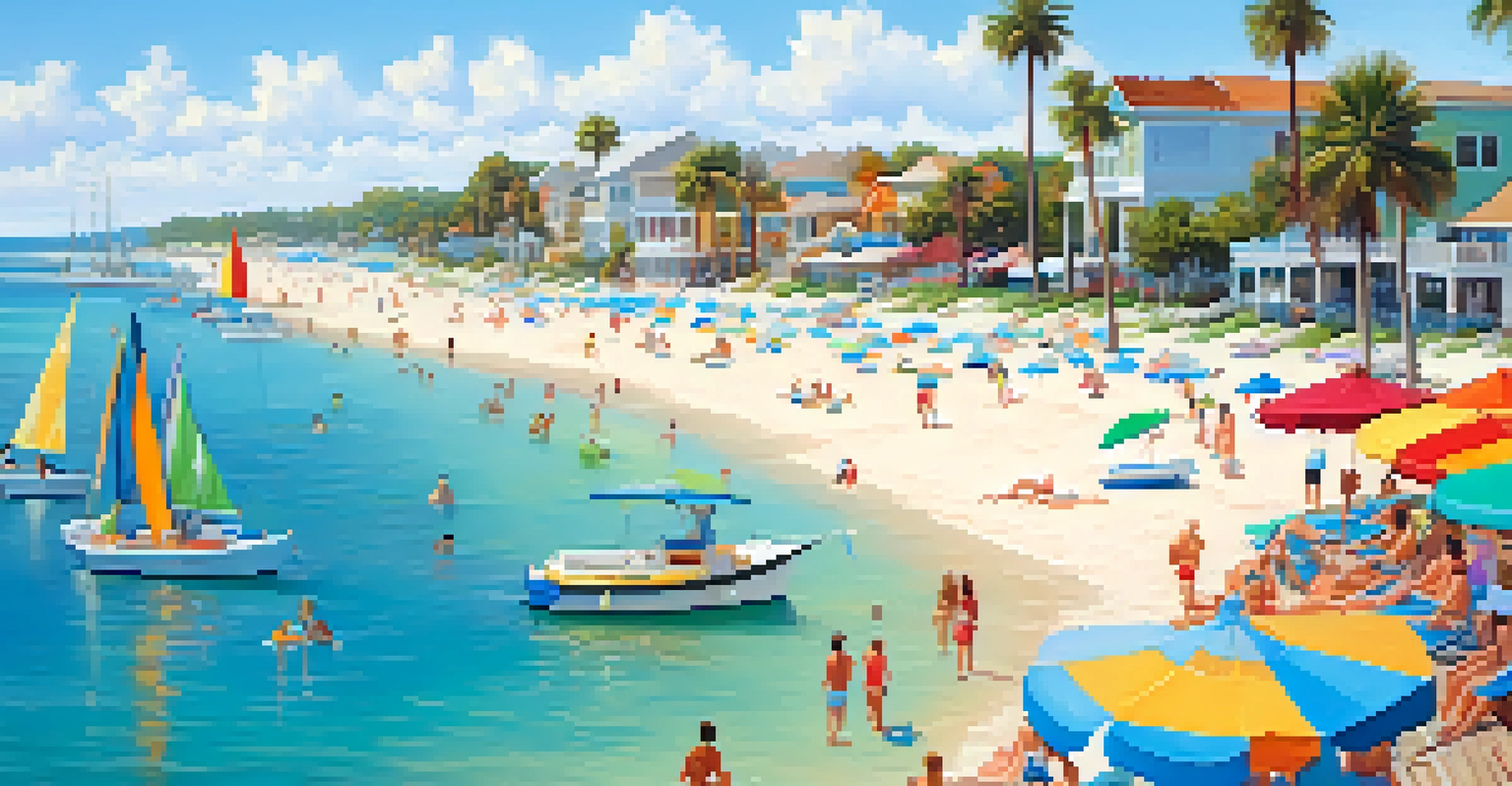 Aerial view of a beach town in Florida, featuring sandy beaches, turquoise waters, and people enjoying the sun.