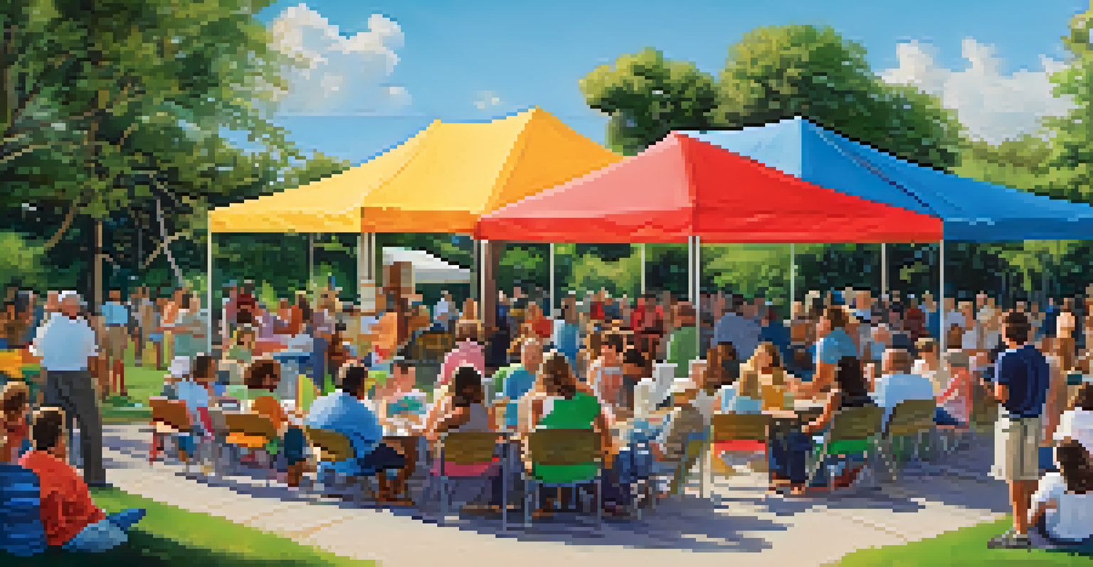 A community event at a Florida library with families engaging in activities and local authors speaking under a colorful tent.