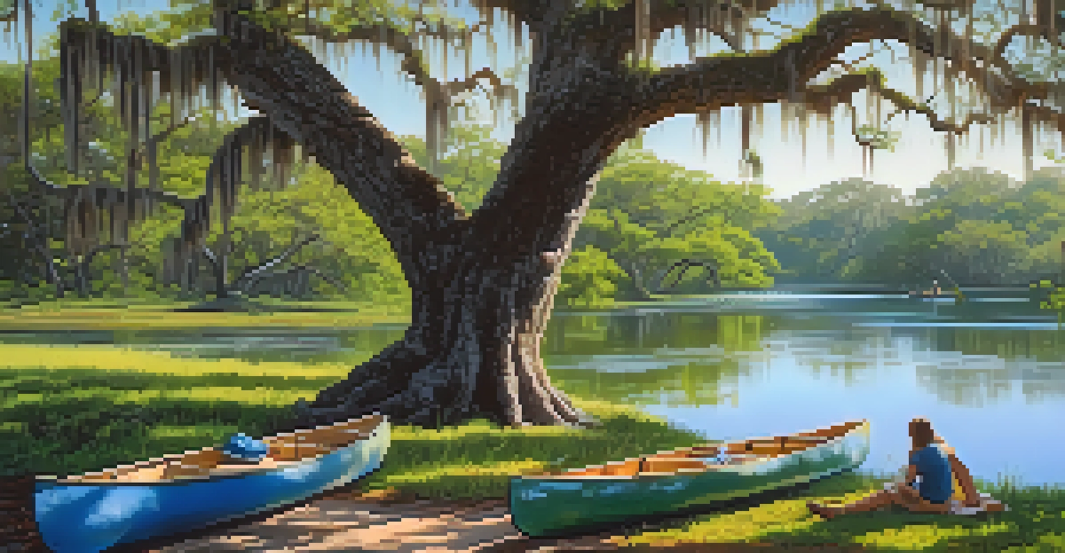 A view of Myakka River with canoes, picnic setup under an oak tree, and blooming wildflowers on the riverbank.