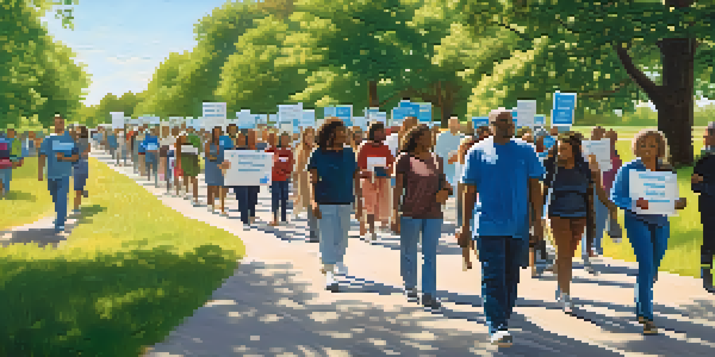A diverse group of people walking together in a park, holding signs for mental health awareness under a clear blue sky.