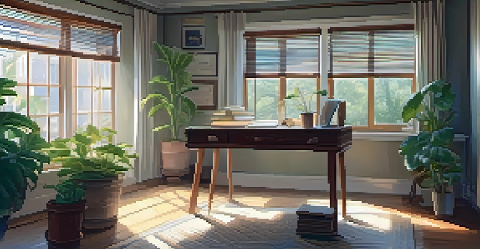 A cozy study space featuring a wooden desk with textbooks and a laptop, illuminated by natural light from a window.