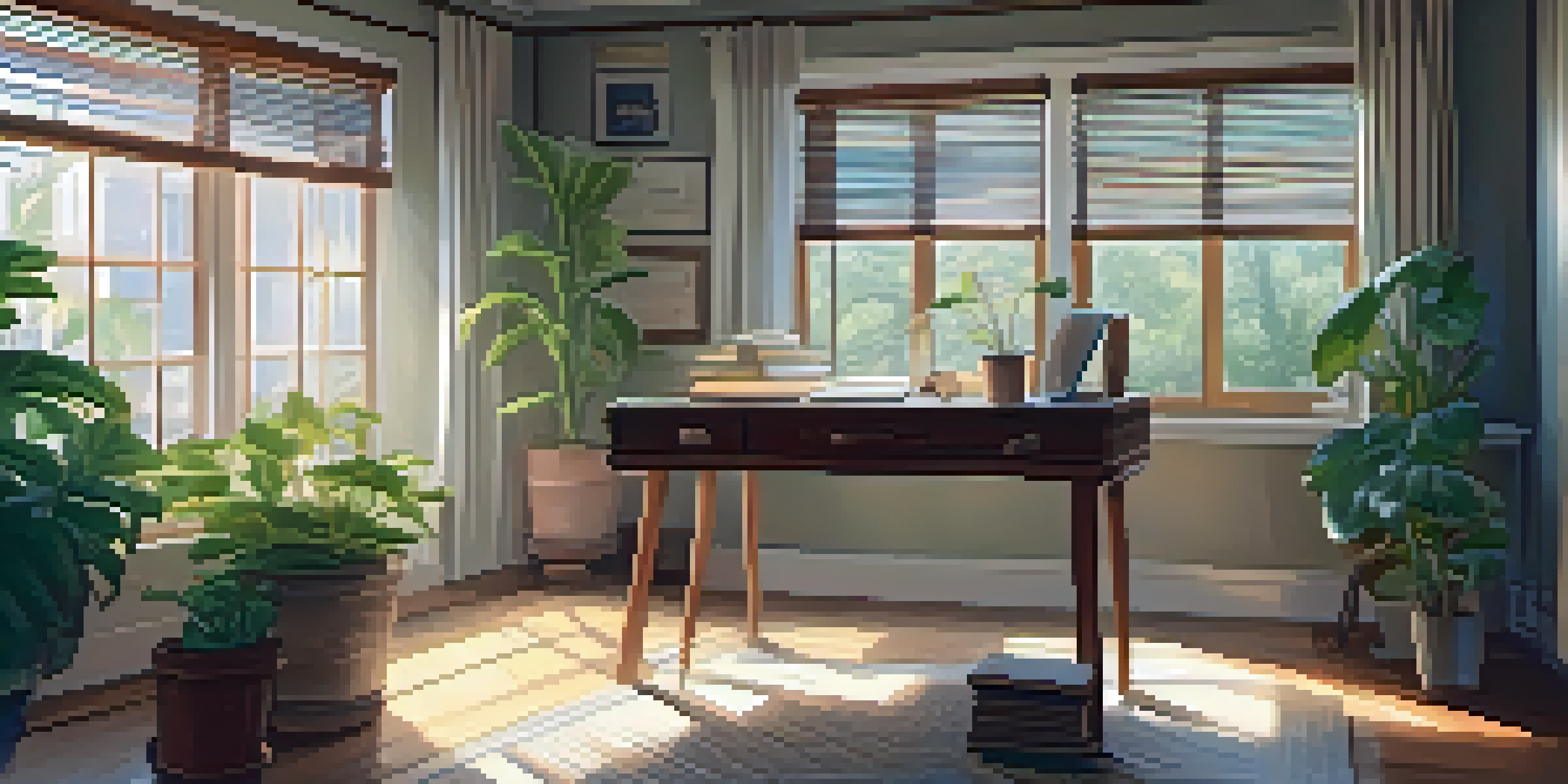 A cozy study space featuring a wooden desk with textbooks and a laptop, illuminated by natural light from a window.