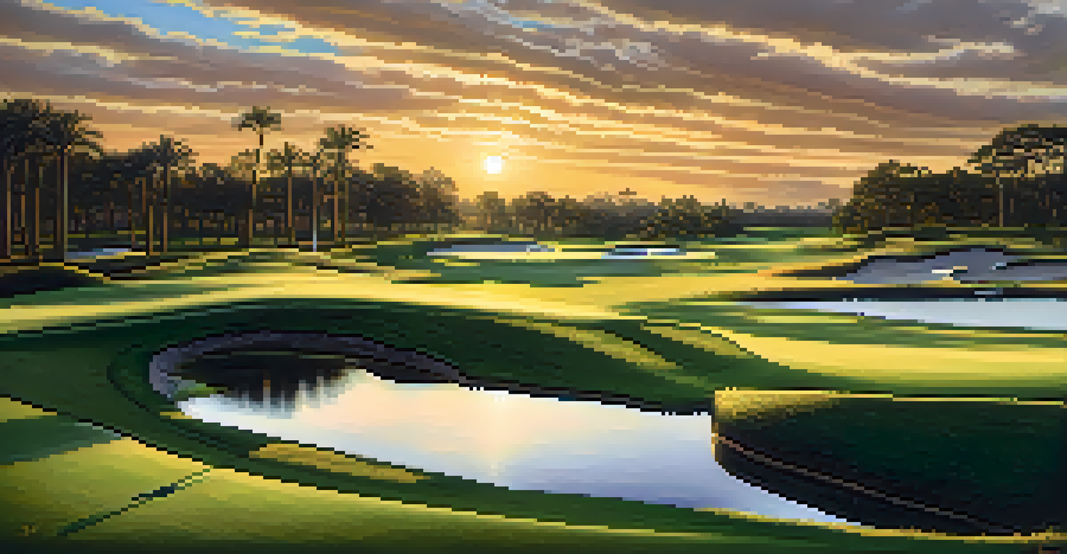 The iconic 17th hole at TPC Sawgrass golf course in Florida during sunset, with a golfer preparing to take a shot.