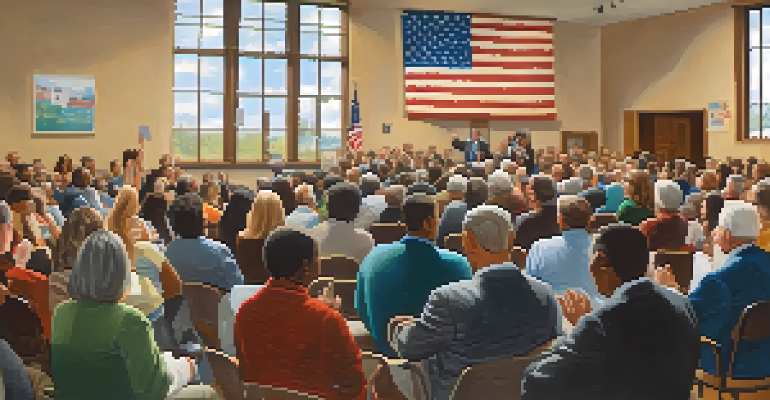 A politician speaking at a community health forum, surrounded by an engaged audience asking questions in a cozy community center.