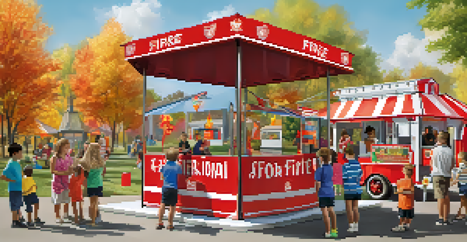 A vibrant community event hosted by volunteer firefighters, with families and children learning about fire safety at a sunny park, featuring colorful banners and friendly volunteers.