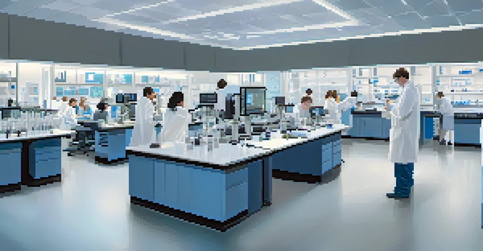 A modern research laboratory at Florida State University with scientists collaborating over high-tech equipment.