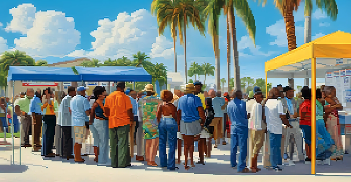 A diverse group of voters standing in line at a Florida polling station with palm trees and a blue sky in the background.
