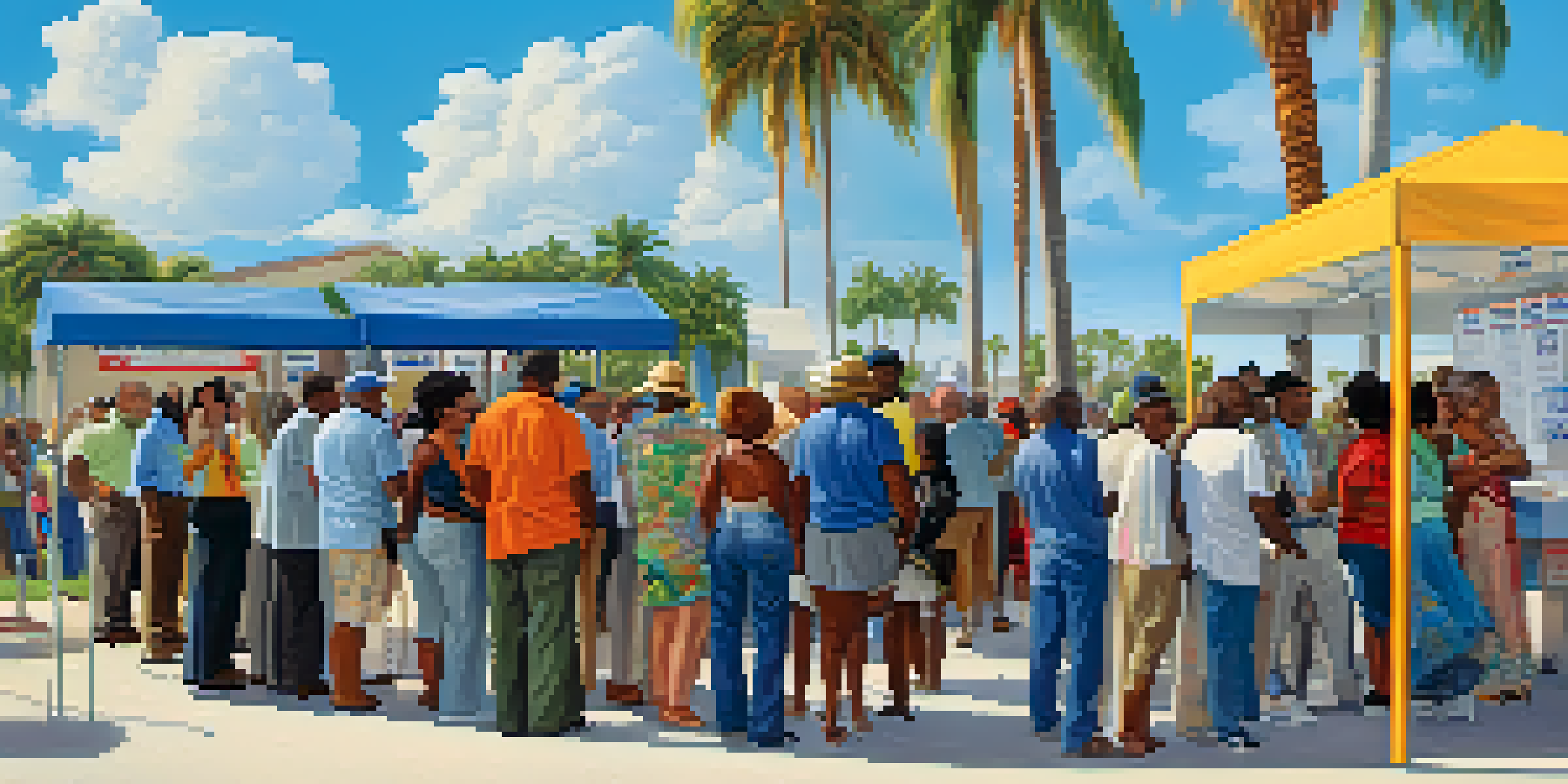 A diverse group of voters standing in line at a Florida polling station with palm trees and a blue sky in the background.