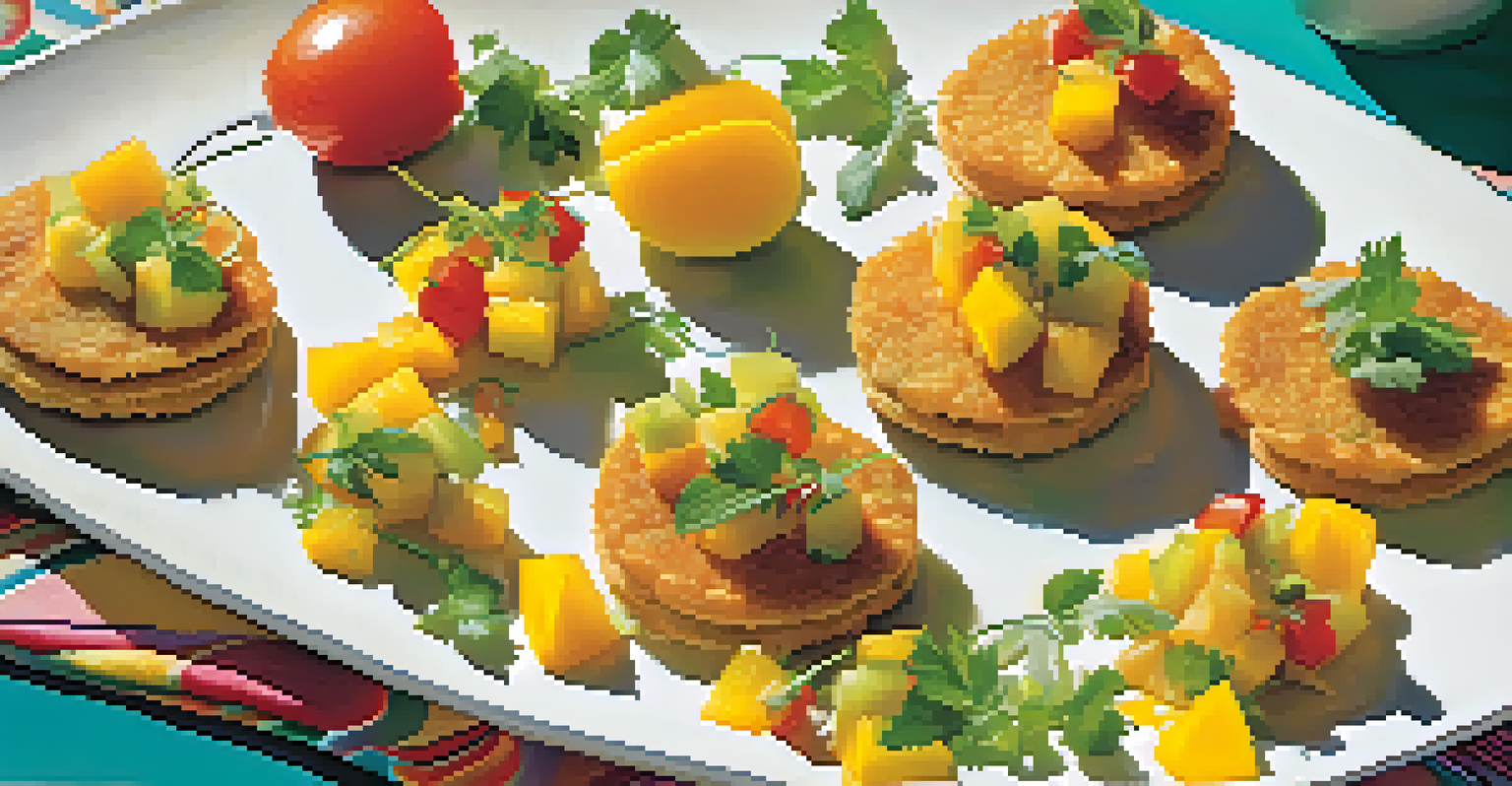 A plate of fried green tomatoes with remoulade and mango salsa on a colorful tablecloth.
