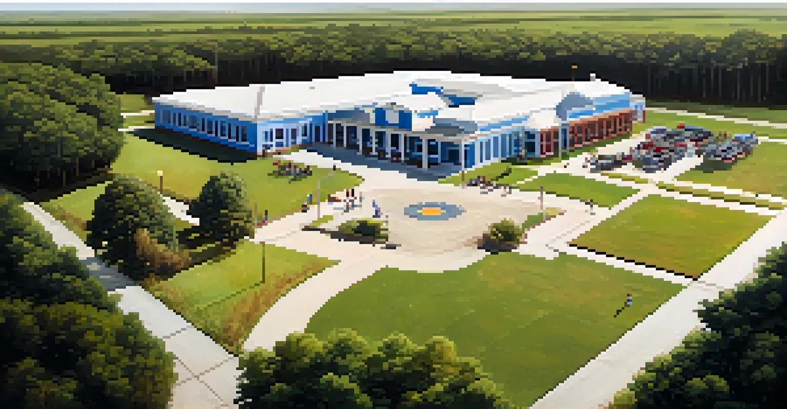 A rural high school in Florida, surrounded by nature, with students gathered outside, reflecting community and education access challenges.