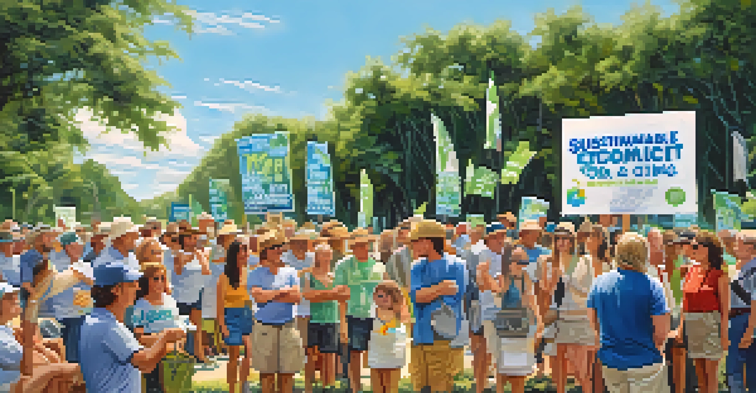 A climate change rally in Florida with participants holding banners and signs in a green outdoor setting.