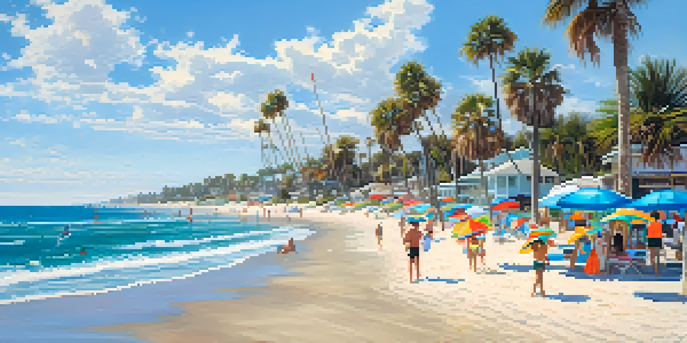 A lively beach scene in Florida with colorful umbrellas, sunbathers, surfers, and palm trees against a clear blue sky and turquoise ocean.