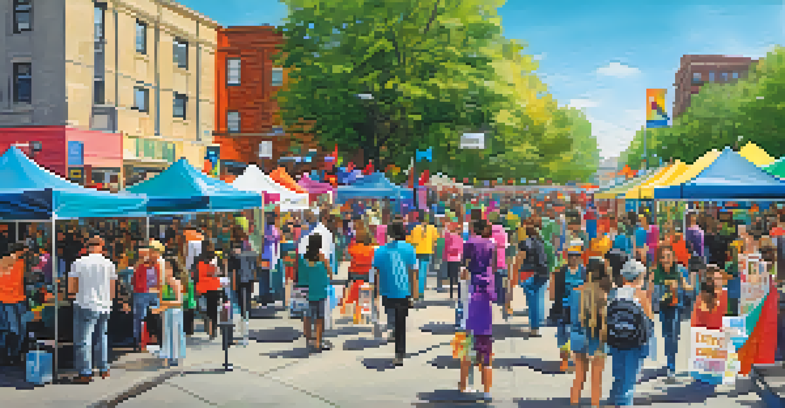 A lively community event promoting mental health awareness, featuring booths and diverse attendees.