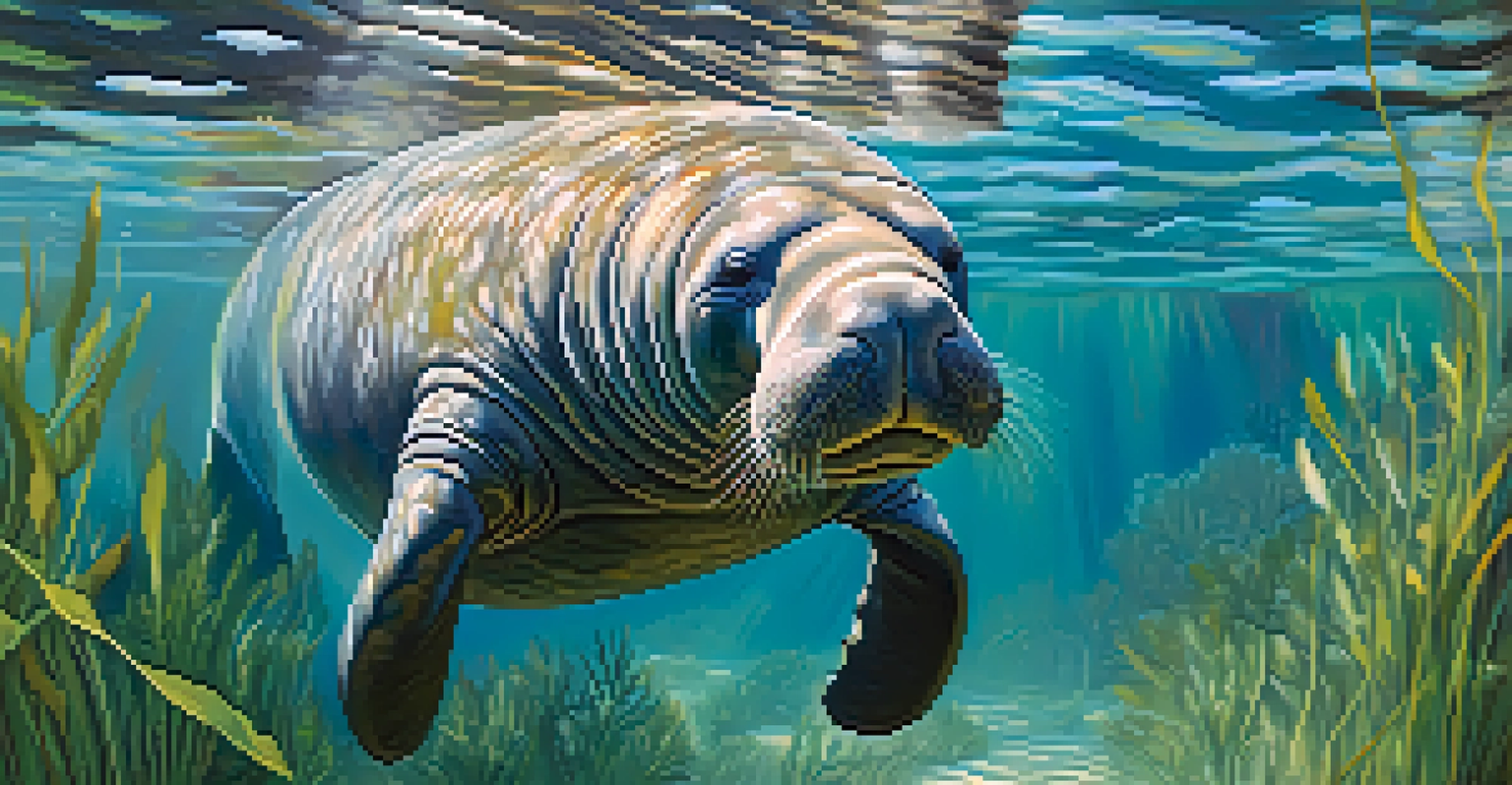 An underwater view of a manatee swimming amidst seagrass in a clear Florida spring, with sunlight filtering through the water.
