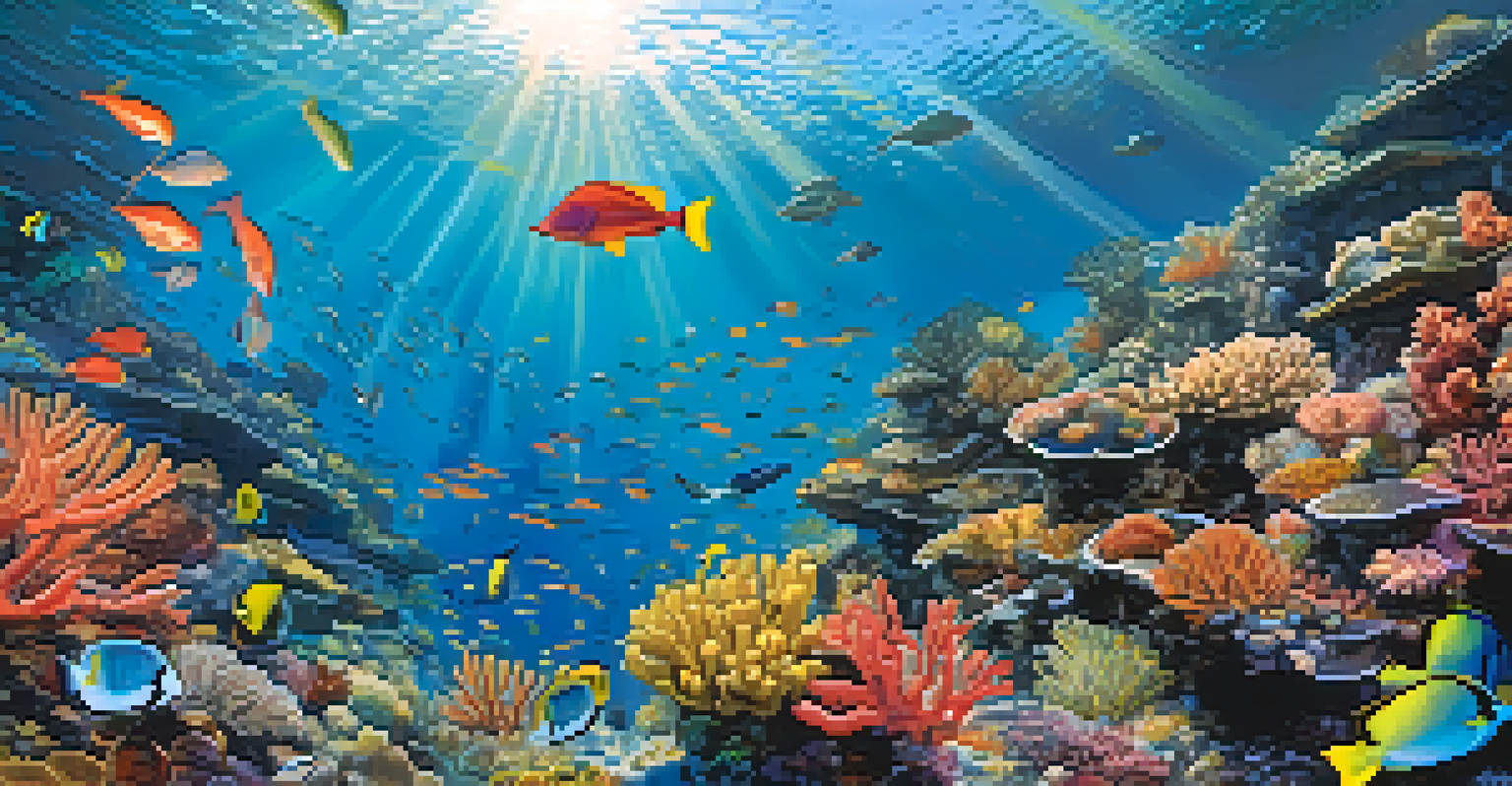 An underwater coral reef scene with colorful fish, coral formations, and divers exploring.