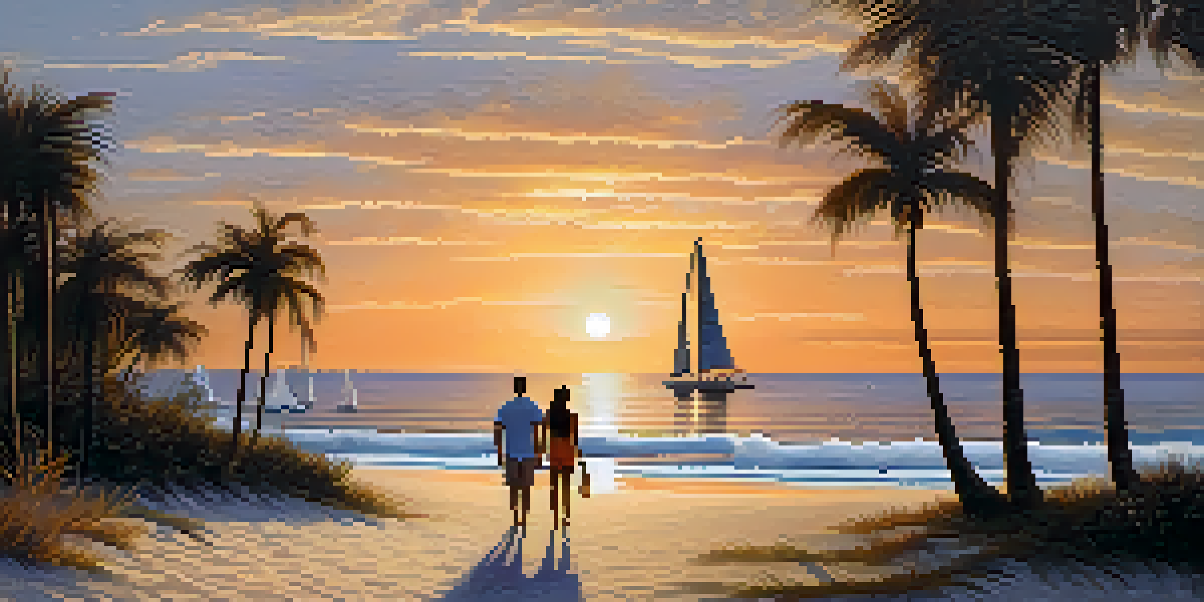 A couple walking on a Florida beach at sunset, with palm trees and sailboats in the background.