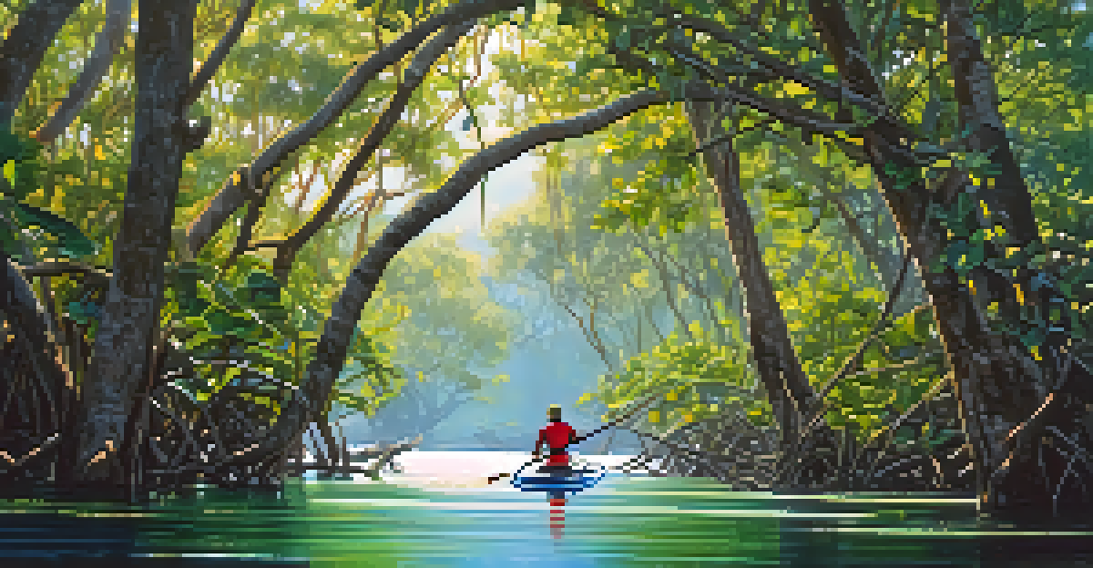 A paddleboarder in a wet suit exploring a mangrove ecosystem, surrounded by greenery and jumping fish.