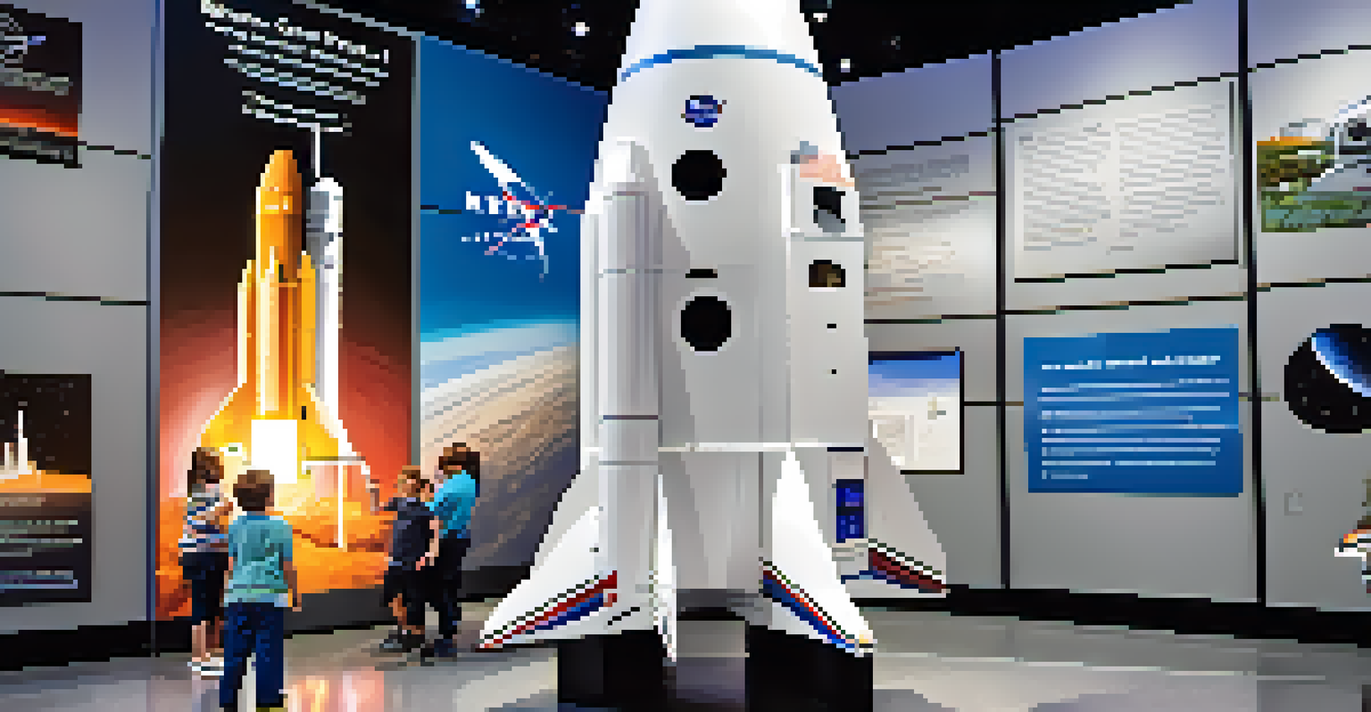 Visitors interacting with a model of a SpaceX Falcon 9 rocket at the Kennedy Space Center Visitor Complex.