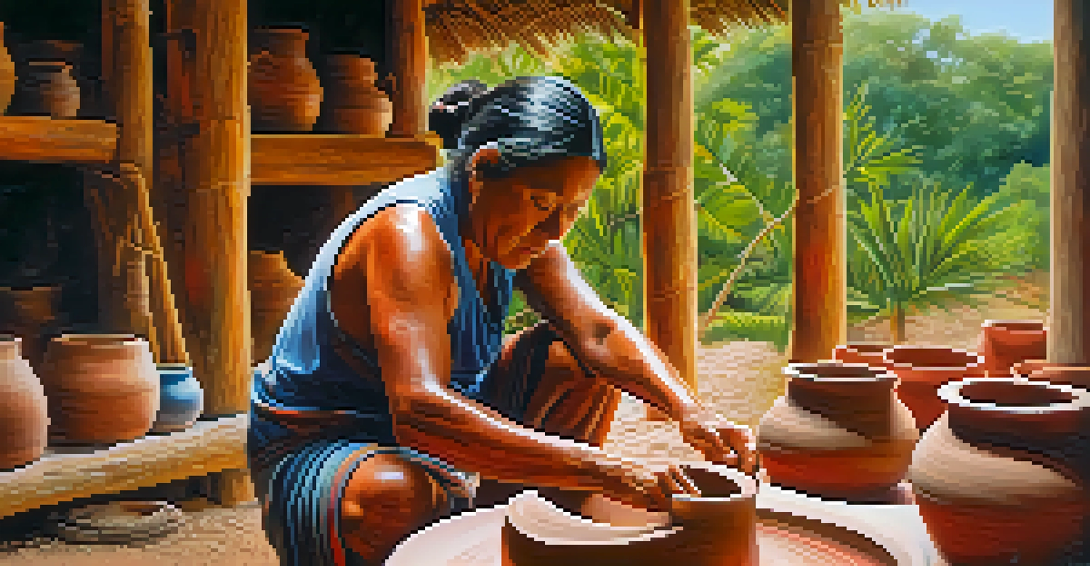 A Miccosukee artisan shaping pottery, surrounded by colorful finished pieces and lush greenery in the background.