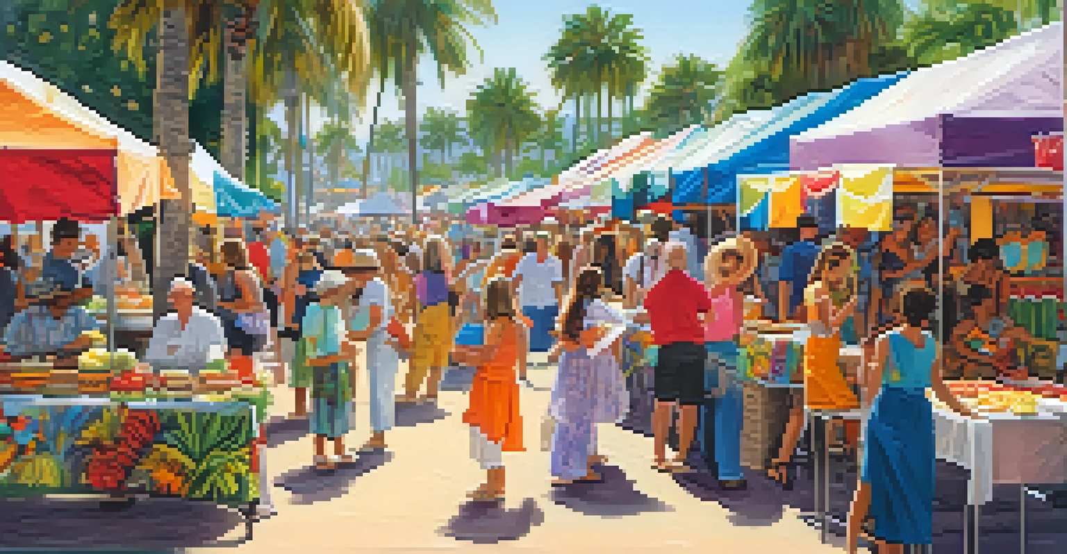A lively festival in Florida with colorful stalls and people enjoying various activities, surrounded by palm trees.