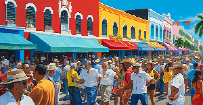 A bustling street festival scene with colorful food stalls, salsa dancers, and a diverse crowd celebrating in Little Havana, Miami.