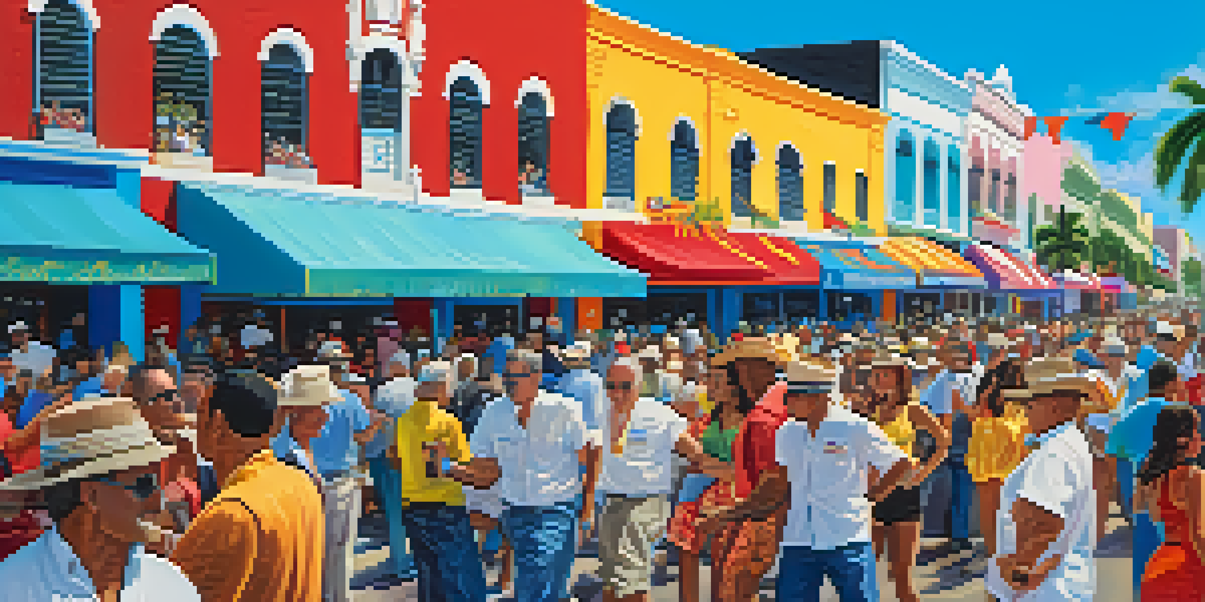 A bustling street festival scene with colorful food stalls, salsa dancers, and a diverse crowd celebrating in Little Havana, Miami.