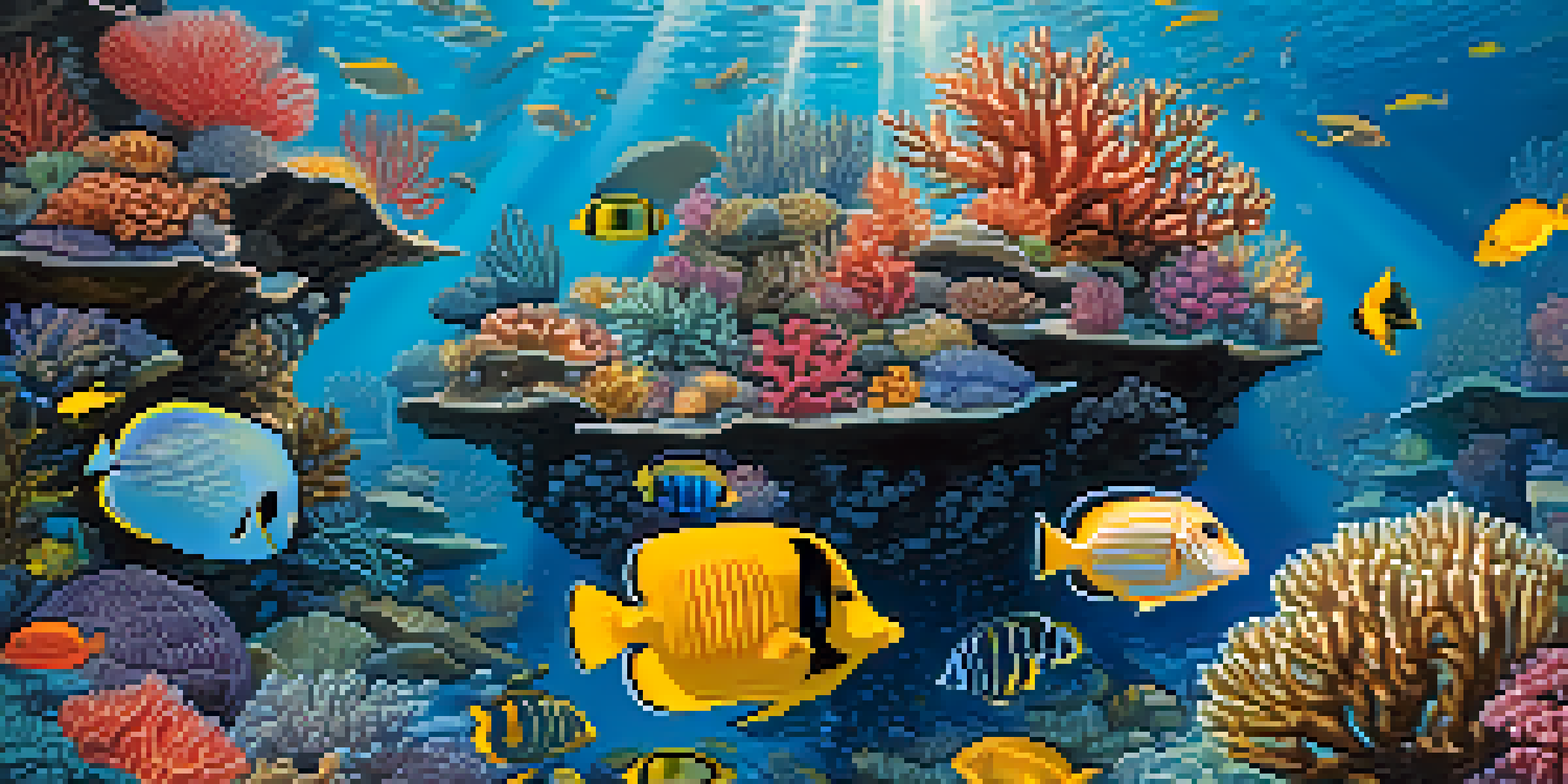 An underwater scene with a colorful coral reef, schools of tropical fish, and a sea turtle, illuminated by sunlight filtering through the water.