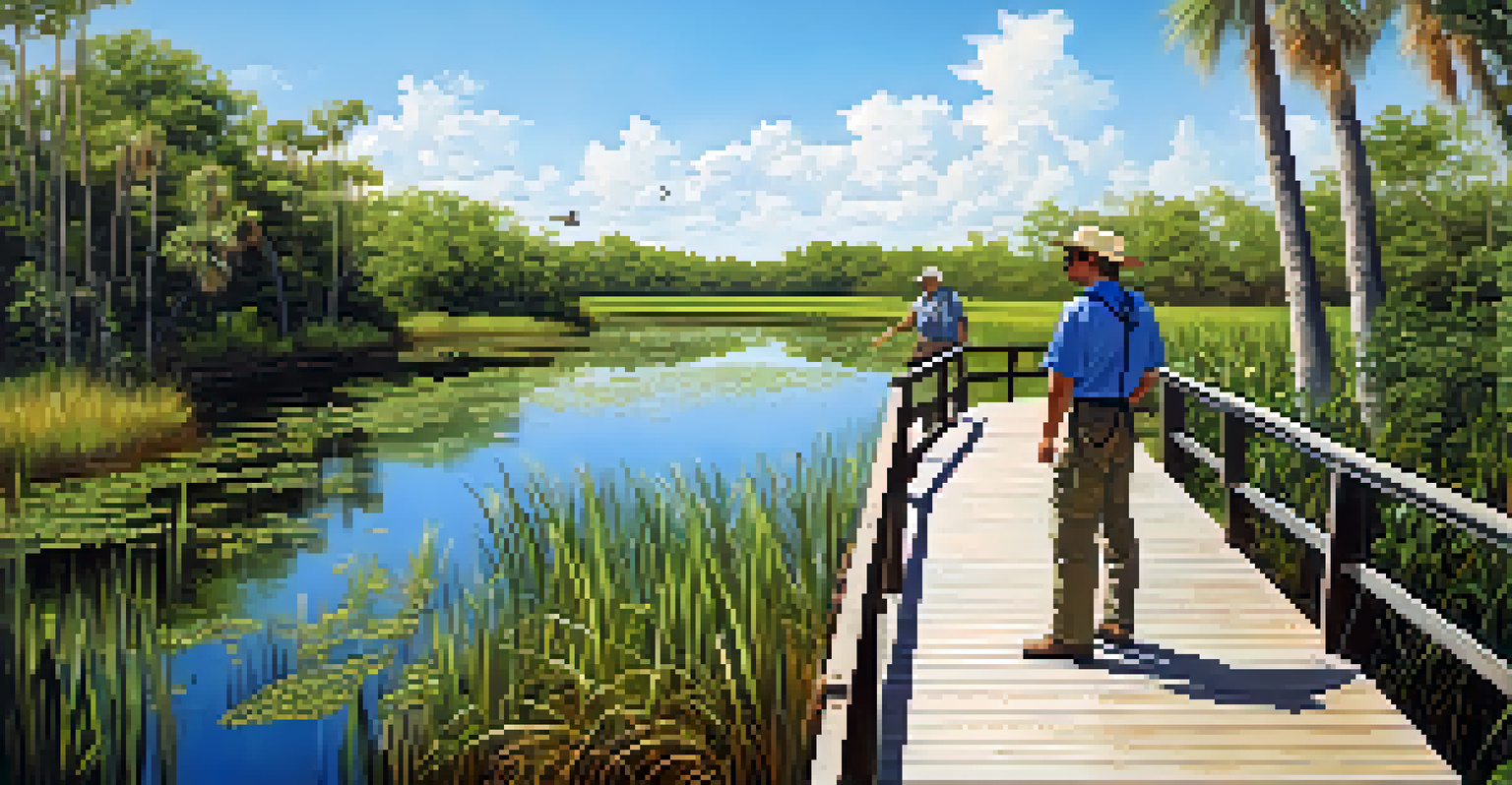 A wildlife tour guide on a boardwalk in the Everglades pointing at basking alligators amidst lush greenery.