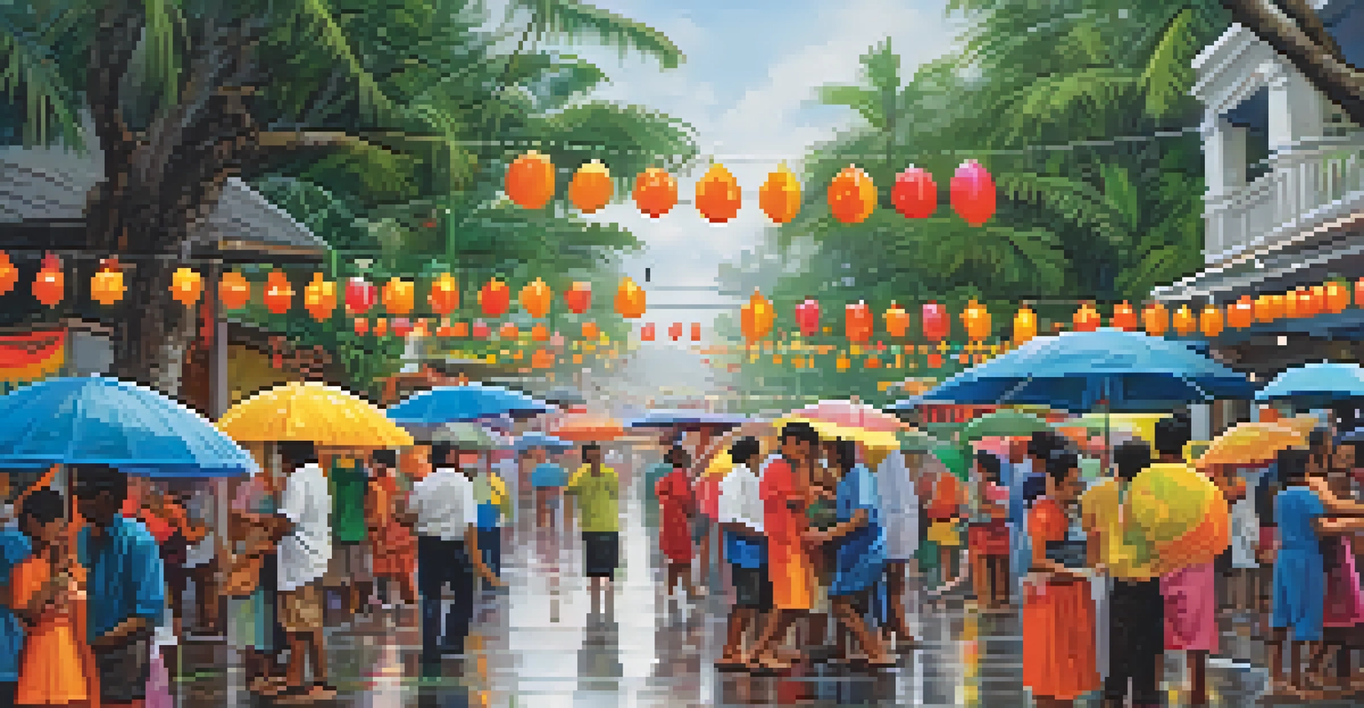 Local Floridians celebrating a festival with colorful decorations and umbrellas amidst rain-soaked streets and greenery during the rainy season.