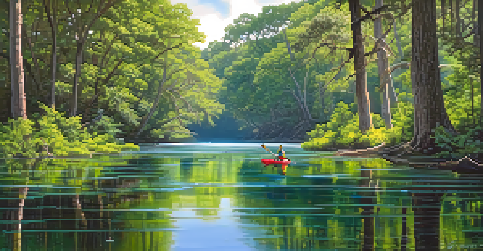 A kayaker enjoys the Suwannee River, surrounded by vibrant greenery and wildlife.