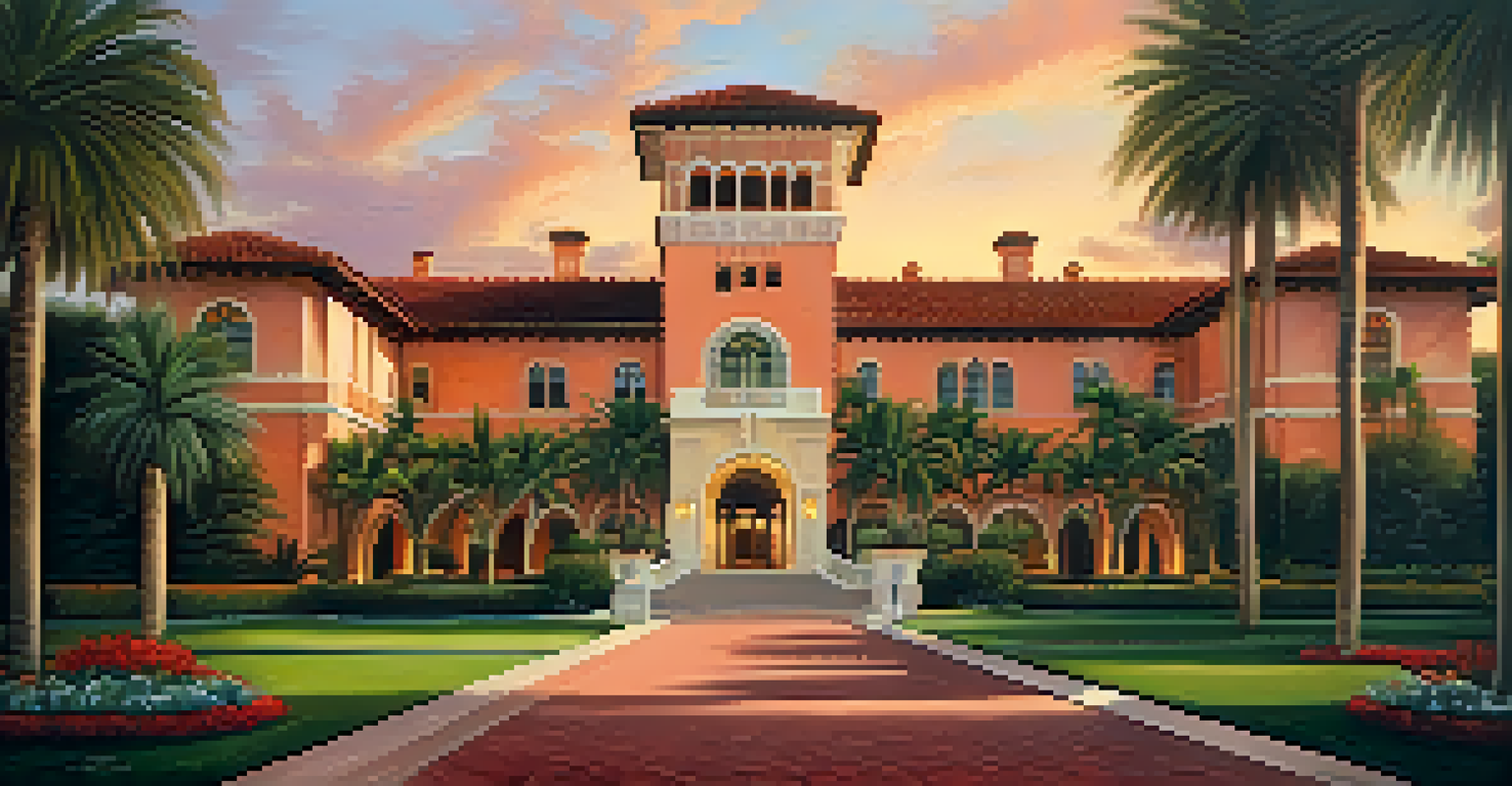 The Biltmore Hotel with grand arches and lush gardens, beautifully lit by sunset, reflecting warm hues on its stucco facade.