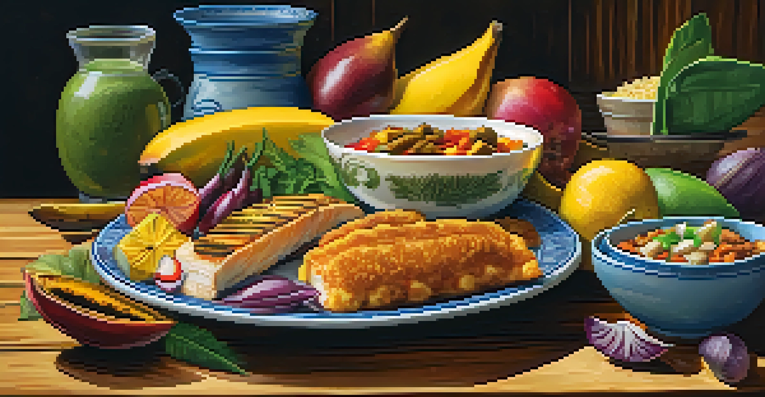 A plate of Caribbean food with sandwiches, fried plantains, and colorful tropical fruits arranged on a wooden table.