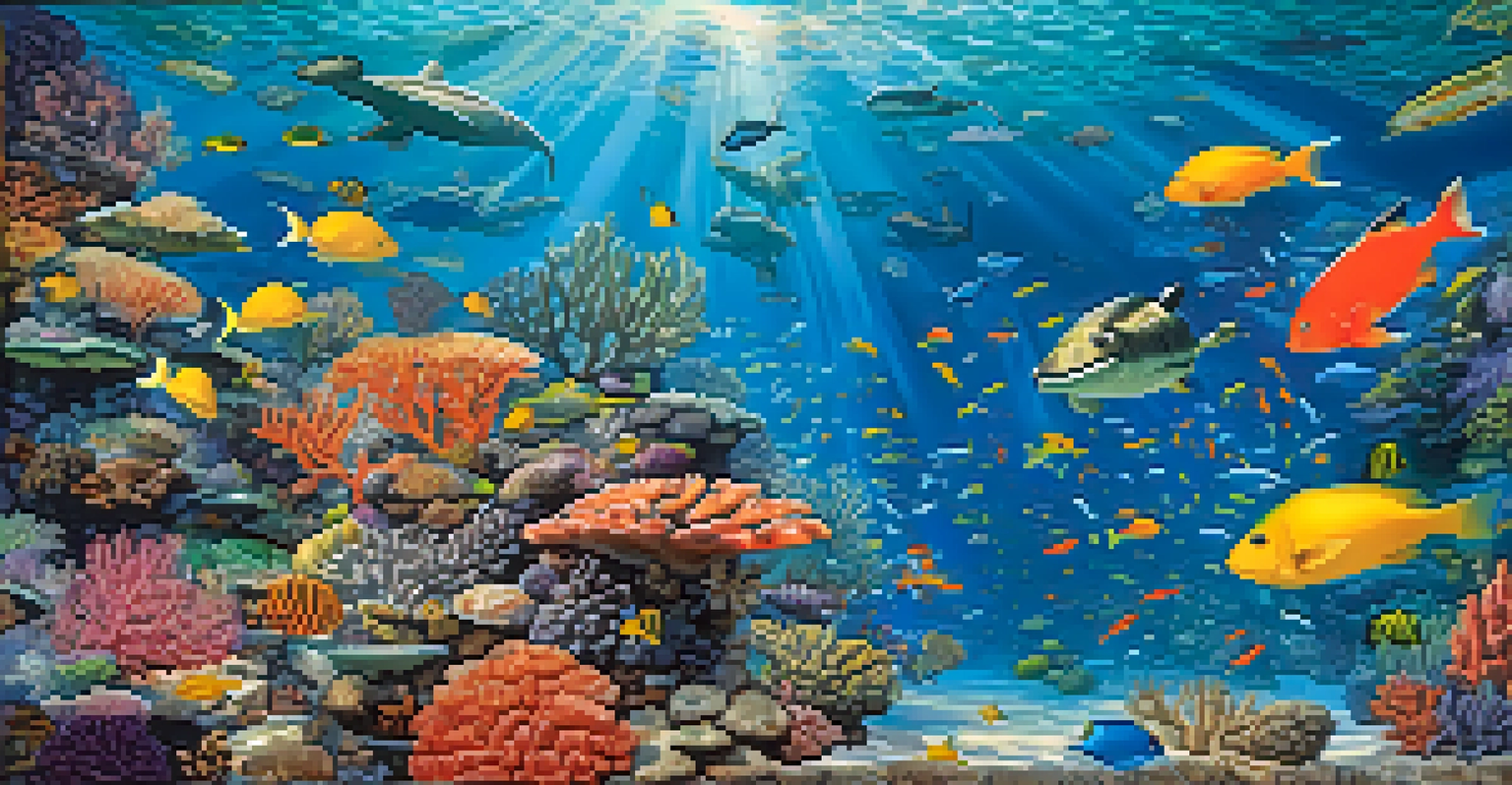 A colorful underwater coral reef with various fish and a sea turtle, illuminated by sunlight filtering through the water.