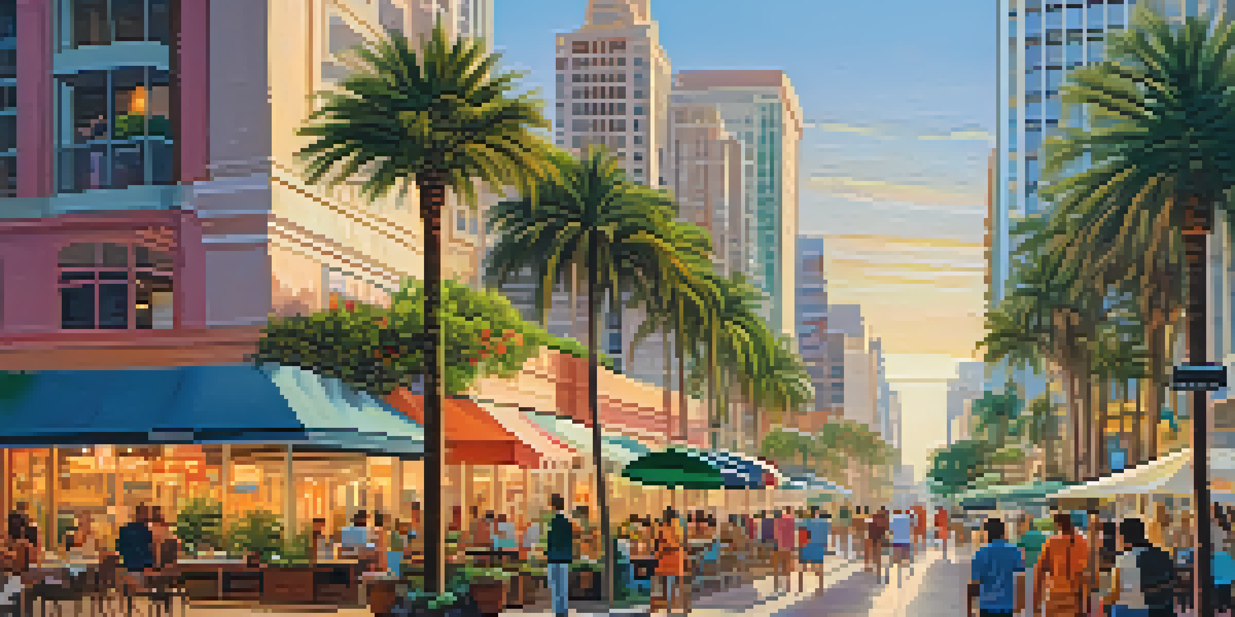 A vibrant Florida cityscape with skyscrapers and palm trees at sunset, featuring people enjoying outdoor activities and cafes.