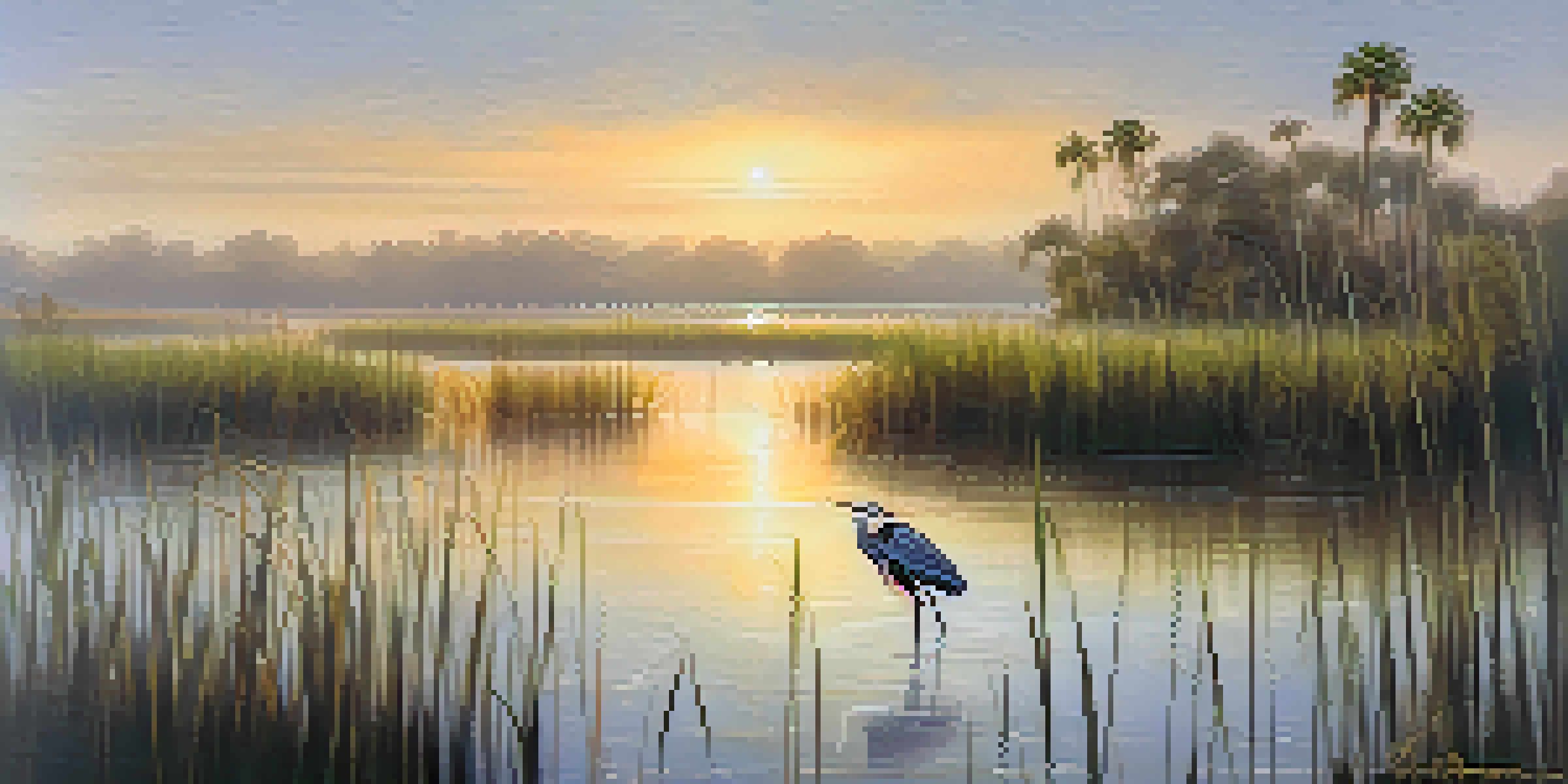 A heron standing in shallow water in the Florida Everglades, surrounded by green reeds and wildflowers, with soft golden light filtering through mist.