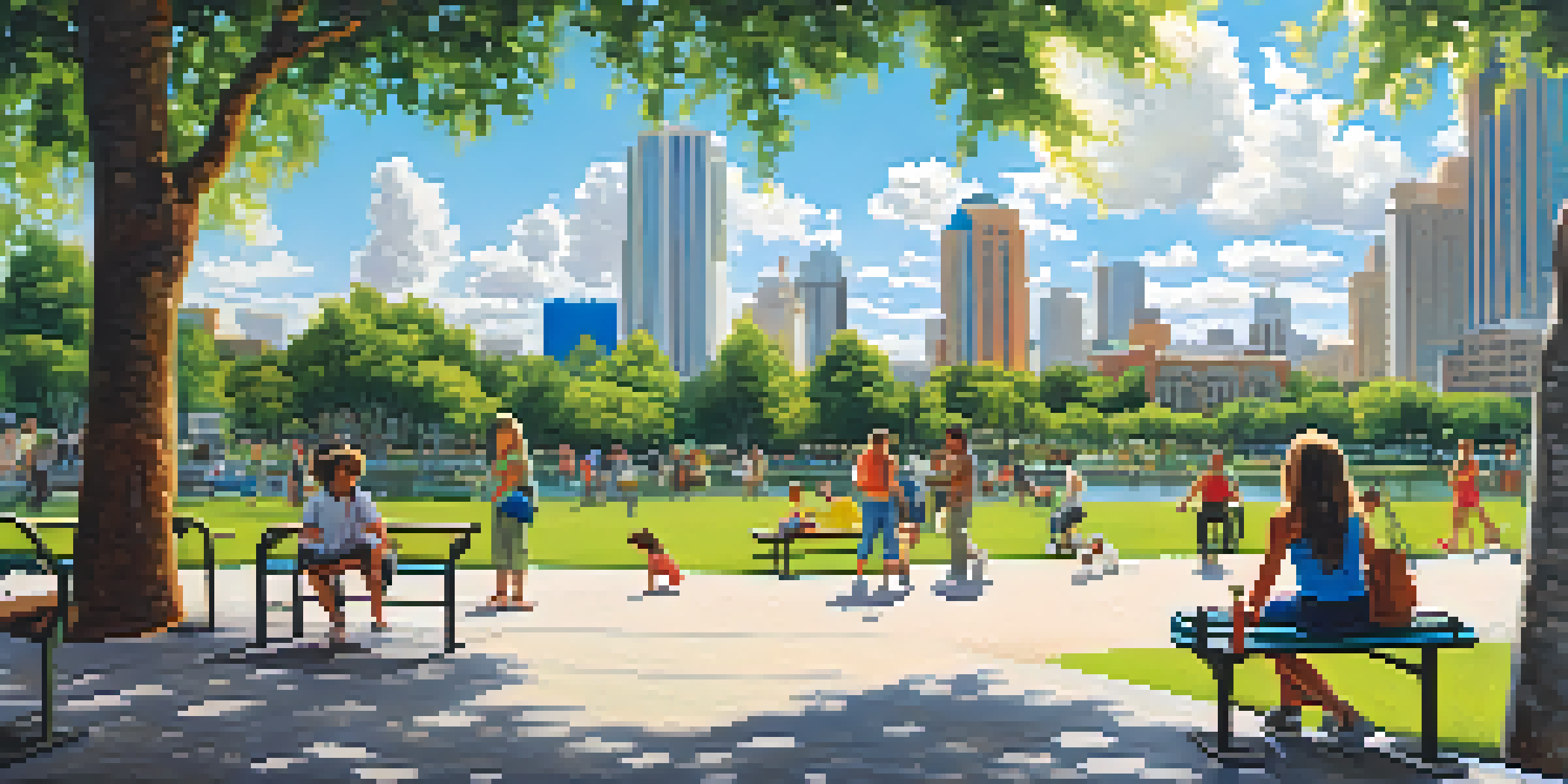 A lively city skyline in Florida with green parks and people enjoying the outdoors under a blue sky.
