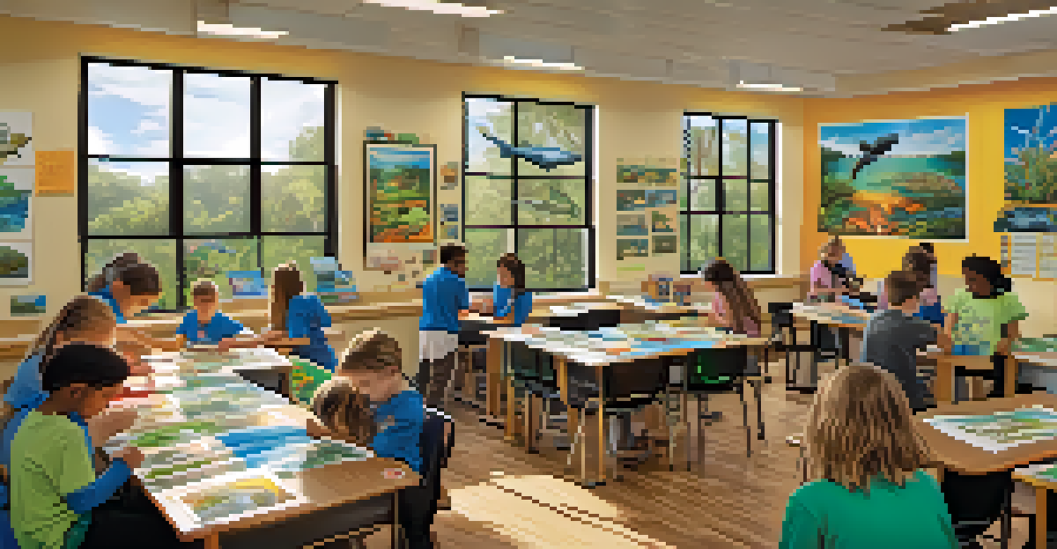 A classroom filled with students creating artwork for wildlife conservation, surrounded by colorful posters and natural light.
