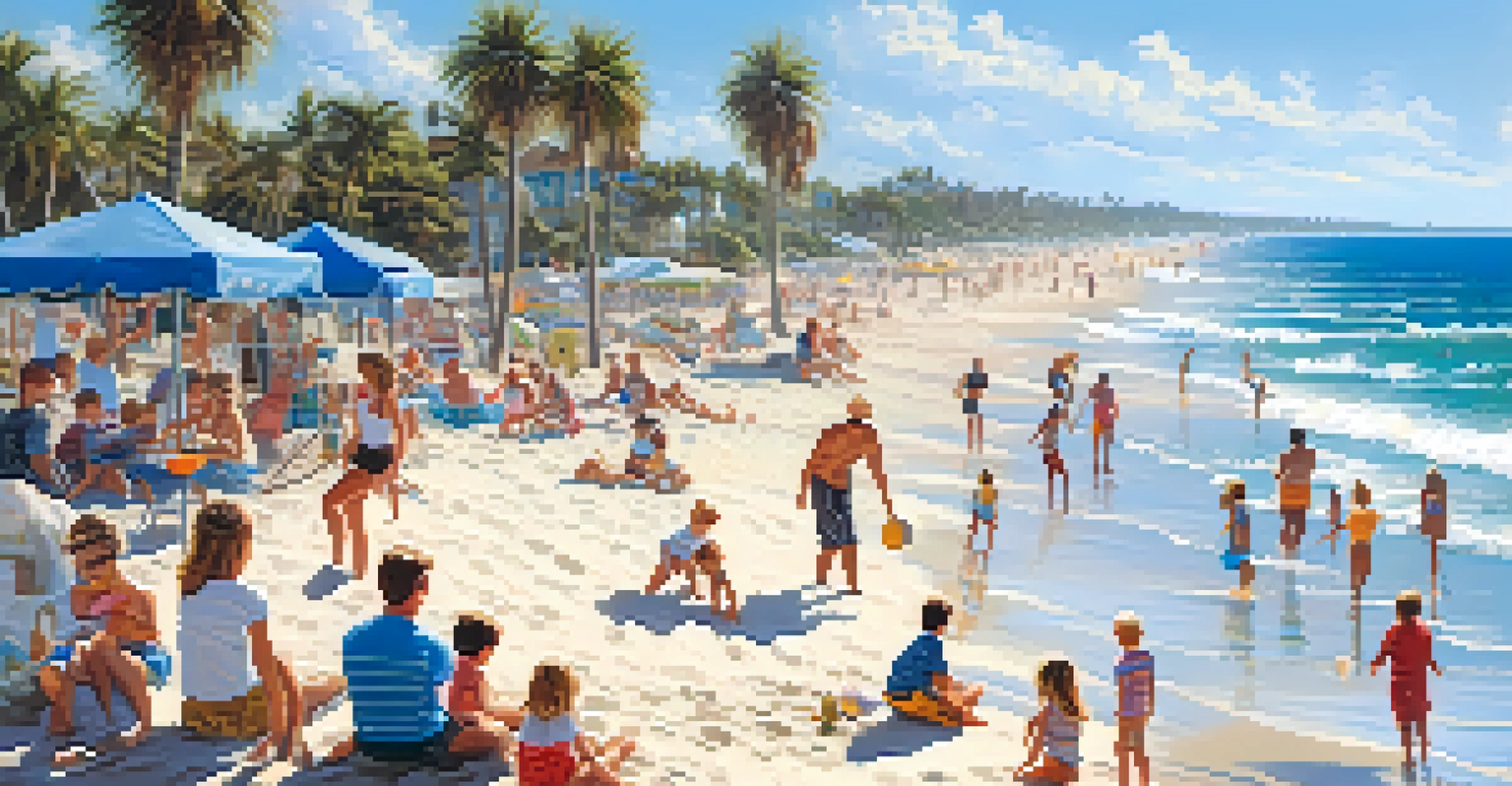 A lively beach scene in Florida with people enjoying the sun and the ocean.