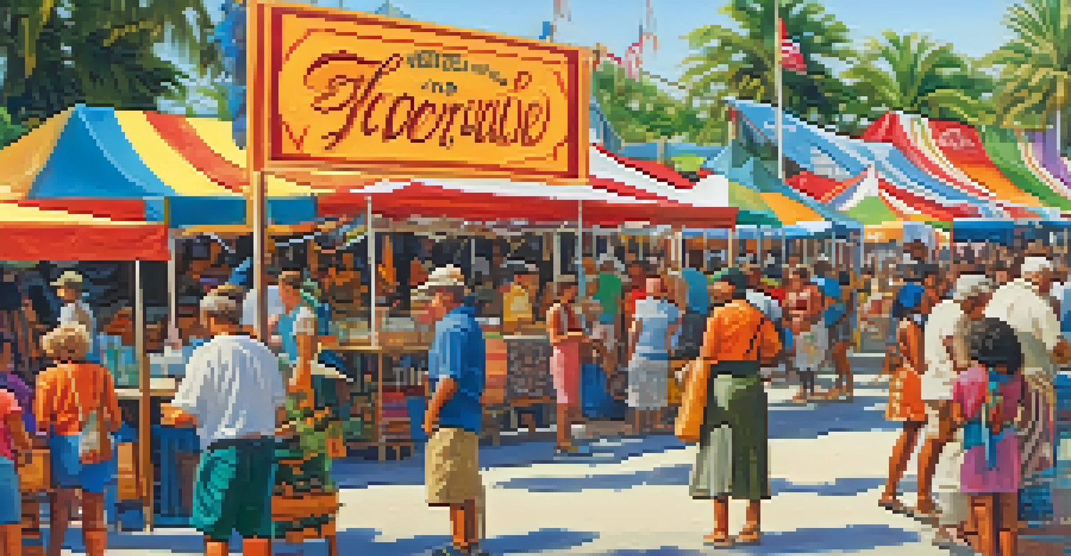 A close-up of a vibrant Florida festival with colorful stalls and diverse attendees.