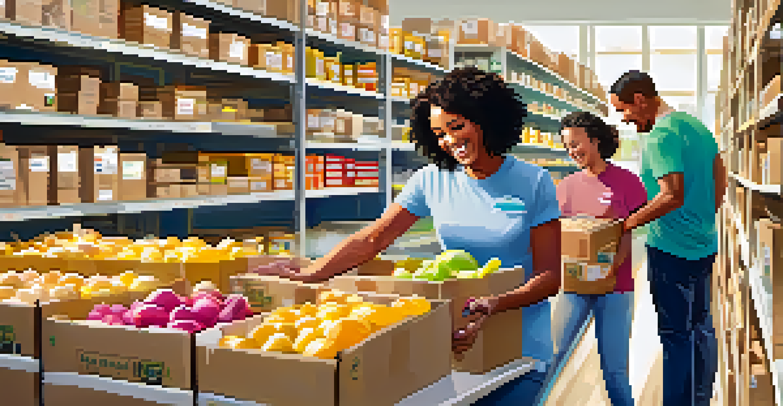 A joyful family packing meals at a food bank, surrounded by colorful food items and smiling volunteers, showcasing community involvement.