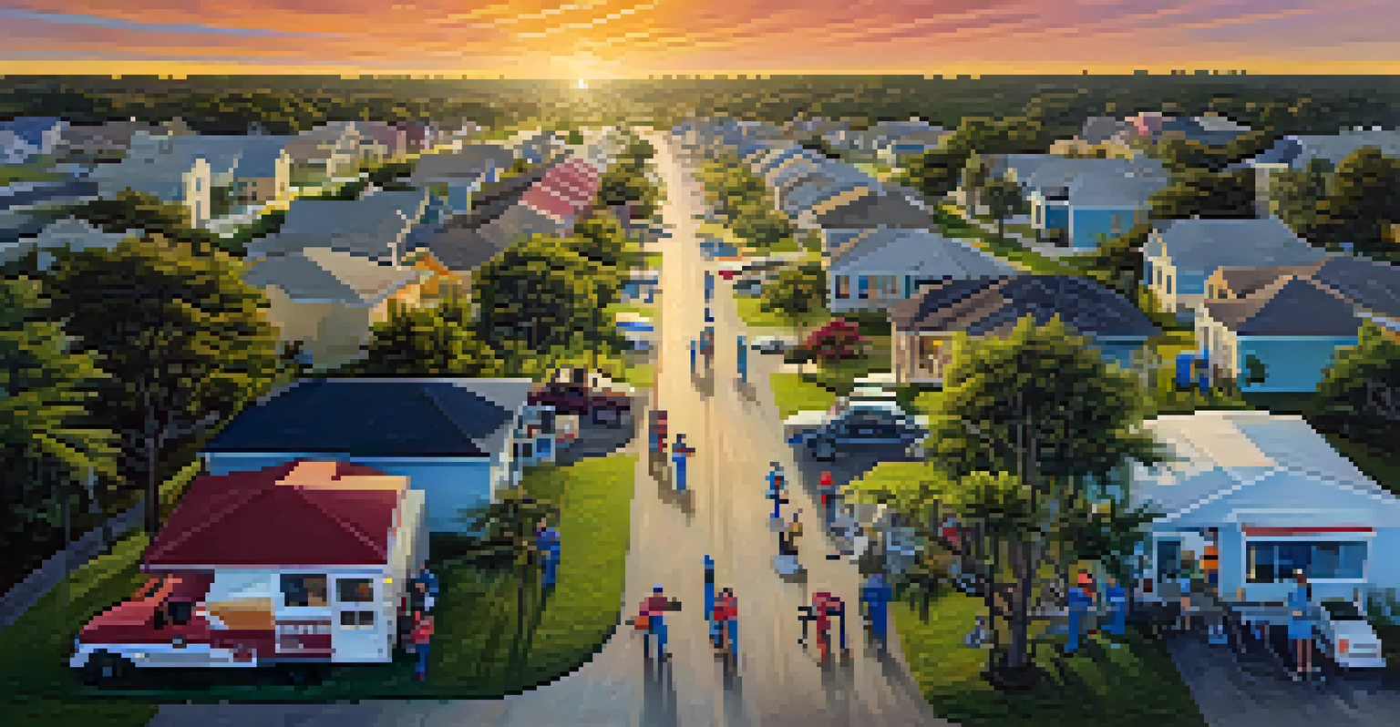 An aerial view of emergency response efforts in a Florida community, with workers distributing supplies post-disaster.