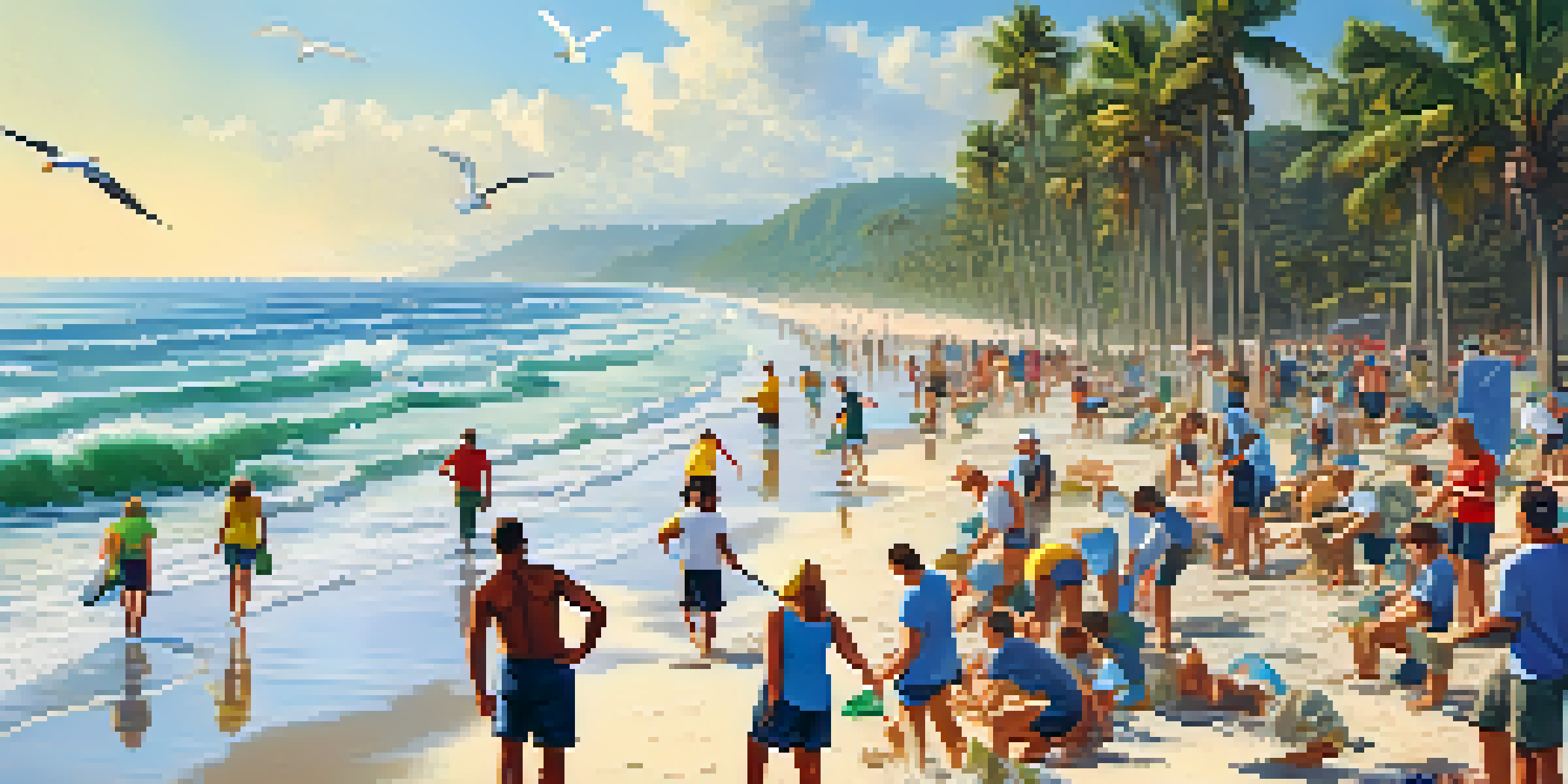 Volunteers participating in a beach cleanup under the sun, with the ocean and palm trees in the background.