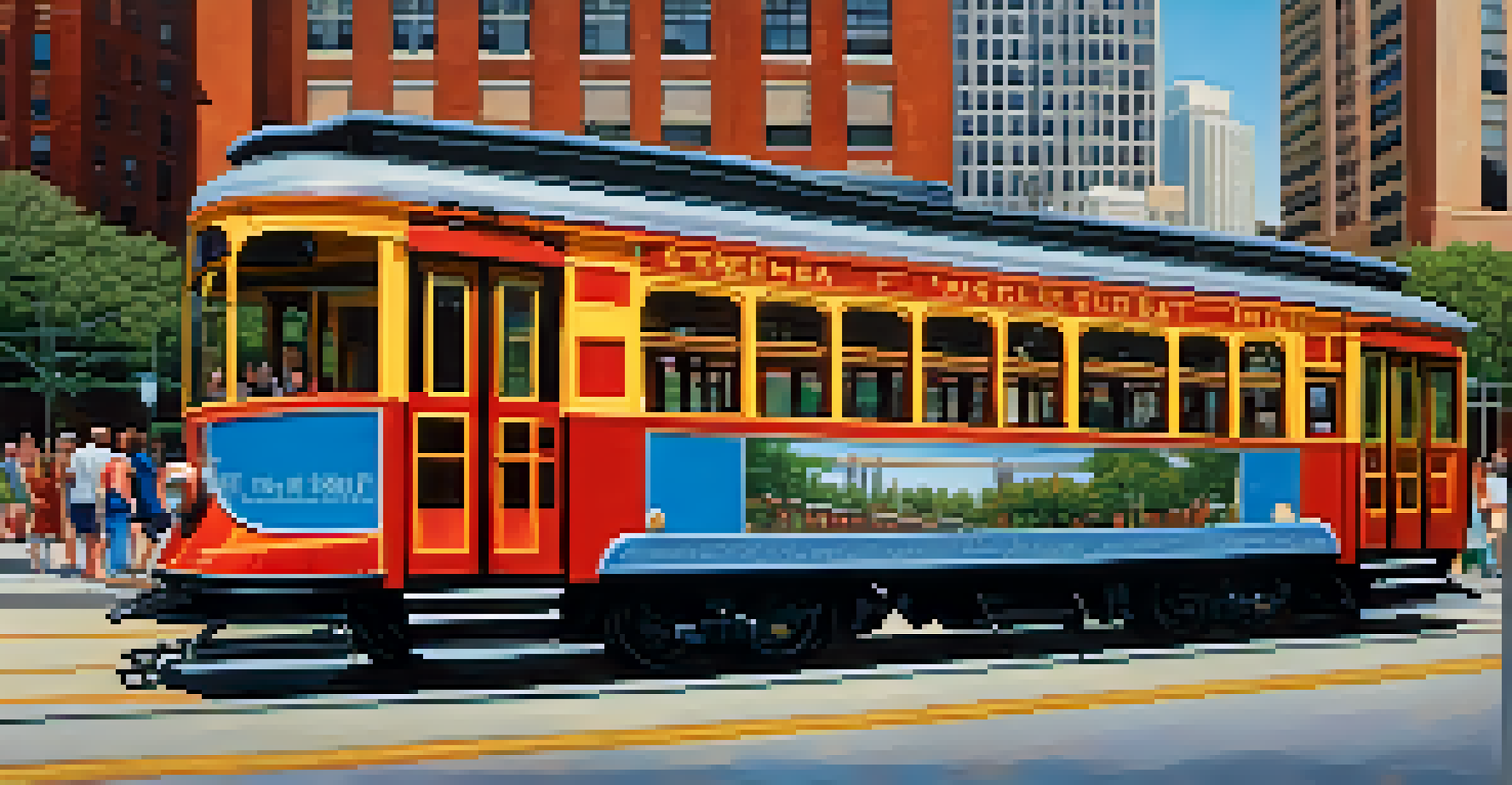 A colorful streetcar in downtown Tampa with people boarding and historic buildings in the background.