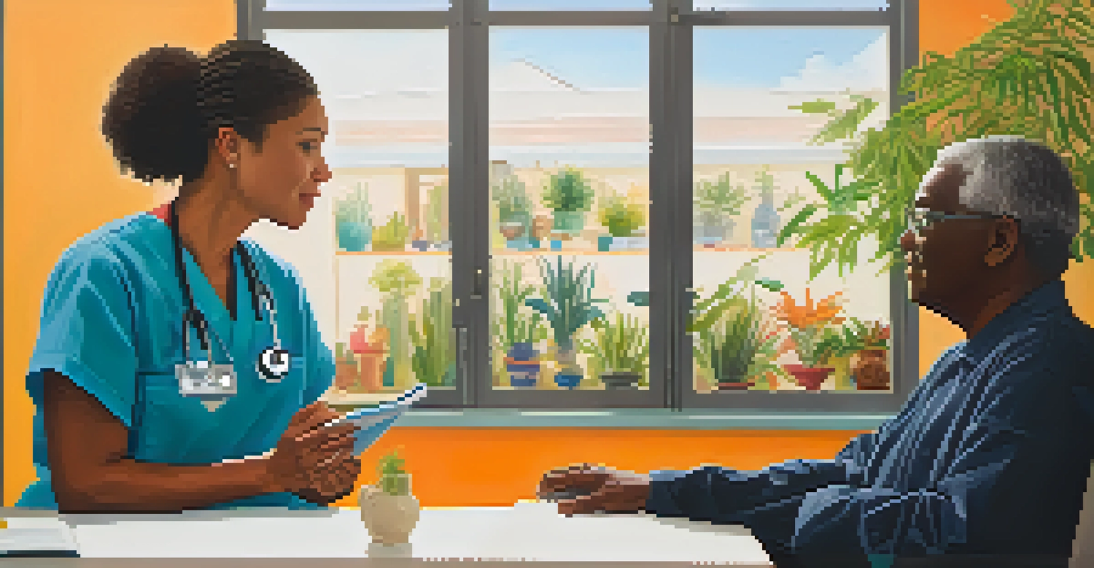 A healthcare provider and a patient from a different cultural background in a warm clinic setting discussing treatment options.