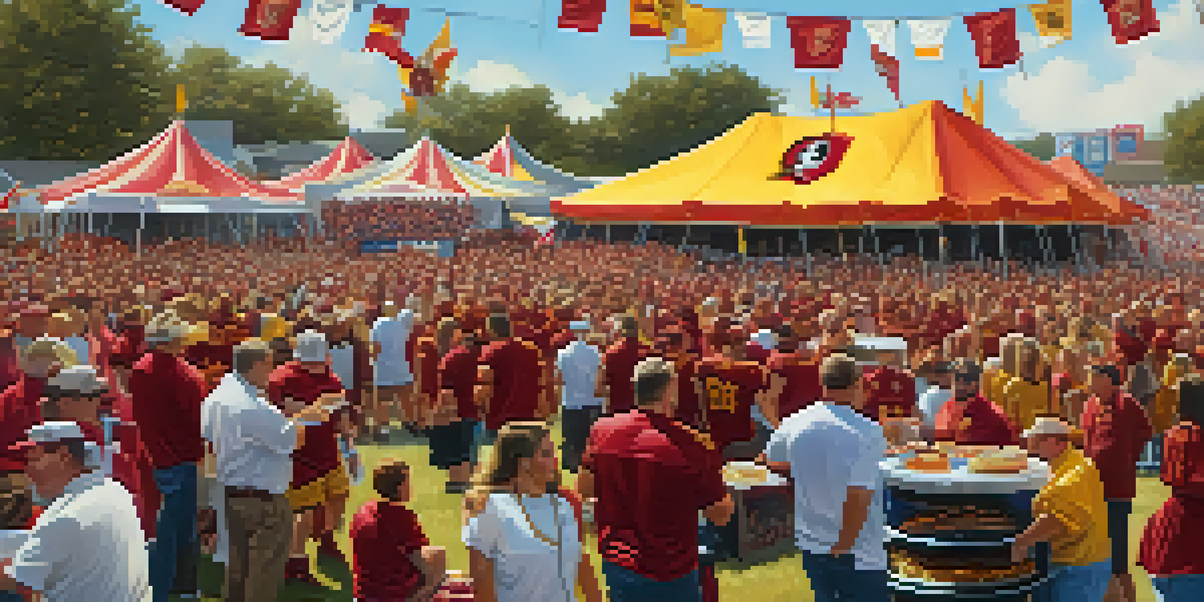 A lively tailgate party with Florida State football fans in garnet and gold, enjoying food and festivities.