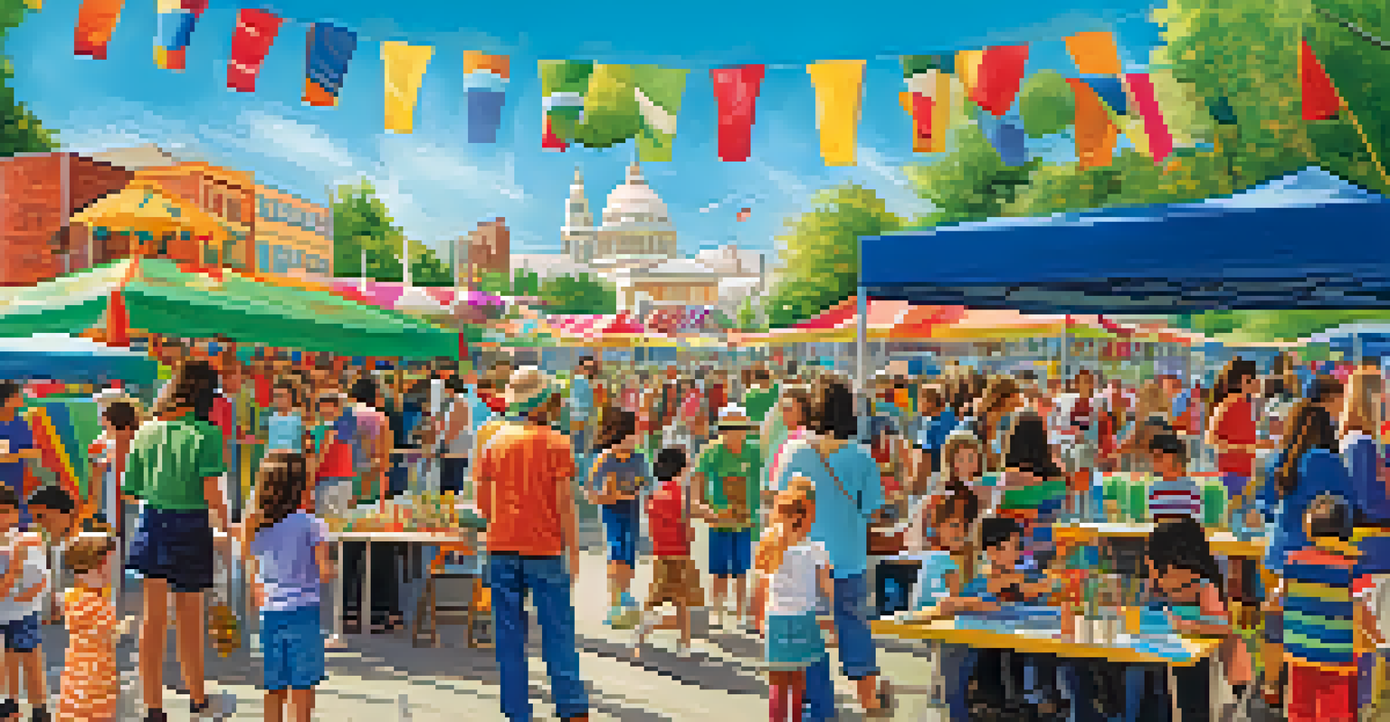 A lively outdoor festival showcasing arts education, with families and local artists participating in various creative activities.