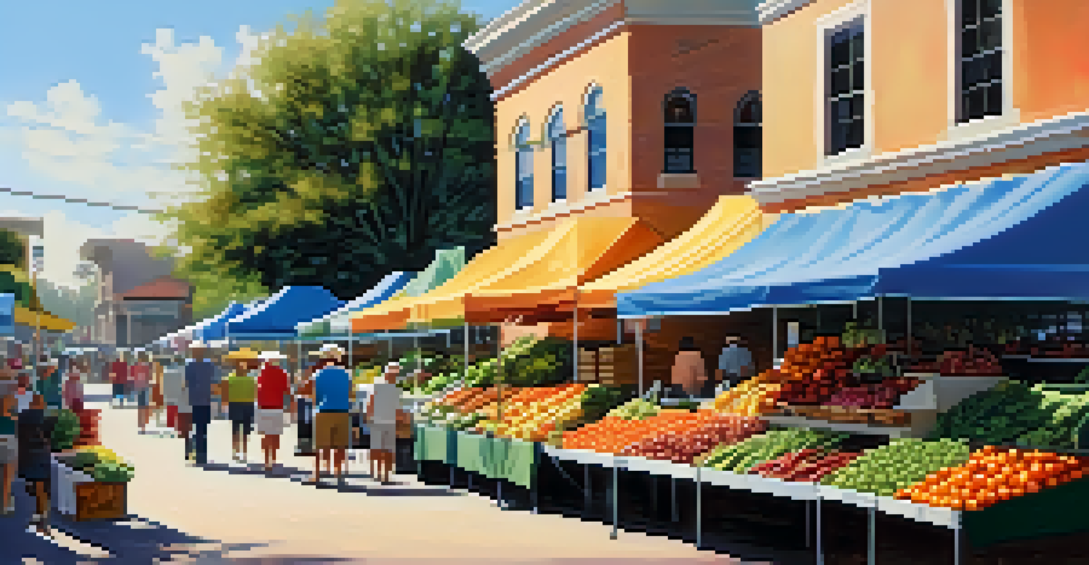 A lively farmers market in Florida with colorful stalls filled with fresh produce and residents shopping in the warm sunlight.