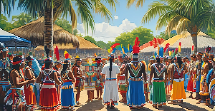 A colorful Seminole Pow Wow with dancers in traditional attire and a sunny backdrop of palm trees and greenery.