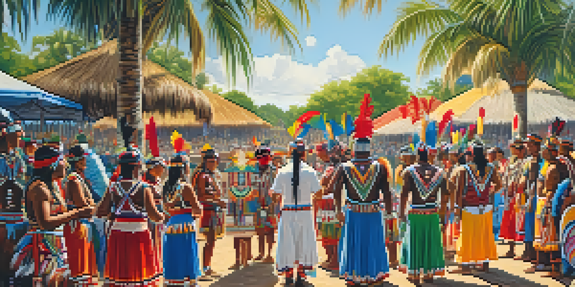 A colorful Seminole Pow Wow with dancers in traditional attire and a sunny backdrop of palm trees and greenery.